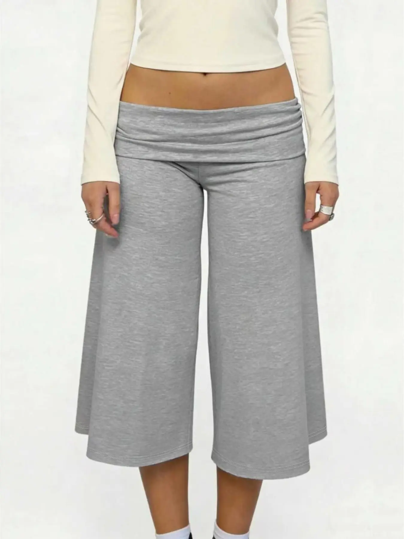 Retro Millennium Fold Over Ruched Waist Low Rise Heather Gray Capri Wide Leg Women Pants Soft Stretch Cropped Culottes Vintage Streetwear Aesthetic, Casual, perfect for city shoots, weekend trips, boutique shopping, and hot girl summer fits