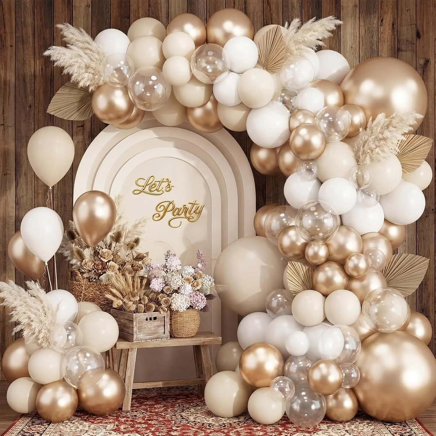White and Champagne Gold Balloons Arch Kit, White Sand Metallic Party Balloon Different Sizes for Birthday Wedding Shower Engagement Anniversary Decorations, 144pcs