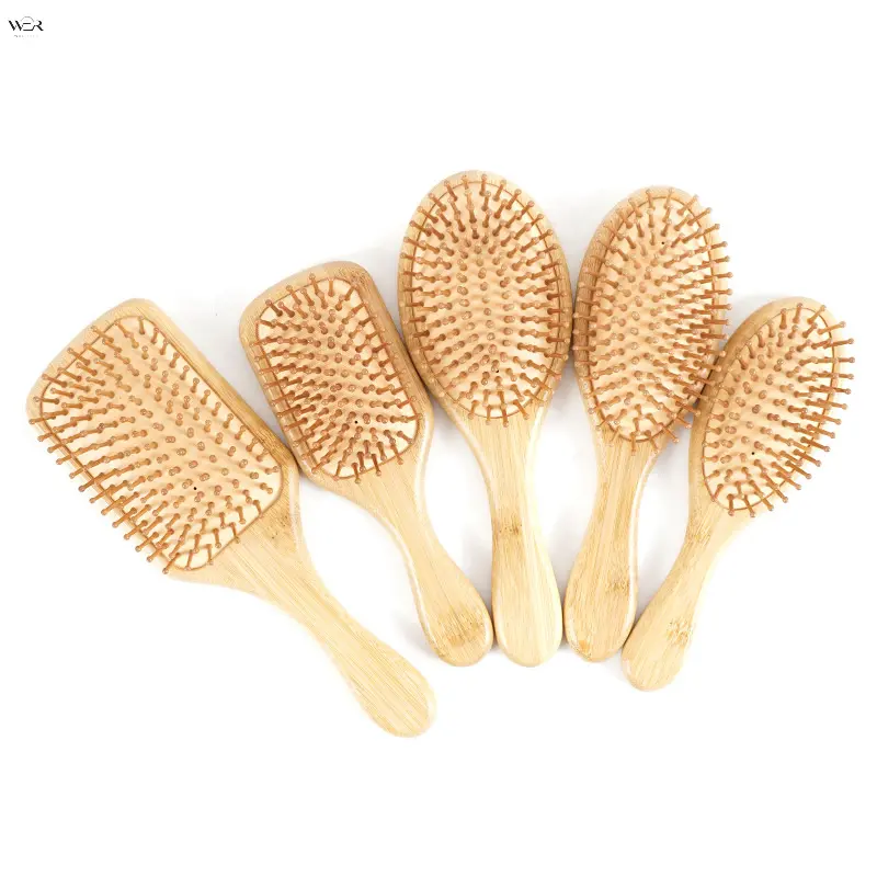 Natural Bamboo Air Cushion Hair Brush Set, 5 Sizes Rectangle & Oval Paddle Massage Combs, Soft Round Bamboo Bristles Anti Static Detangling Scalp Massager, Eco Friendly Hair Care Tool for All Hair Types