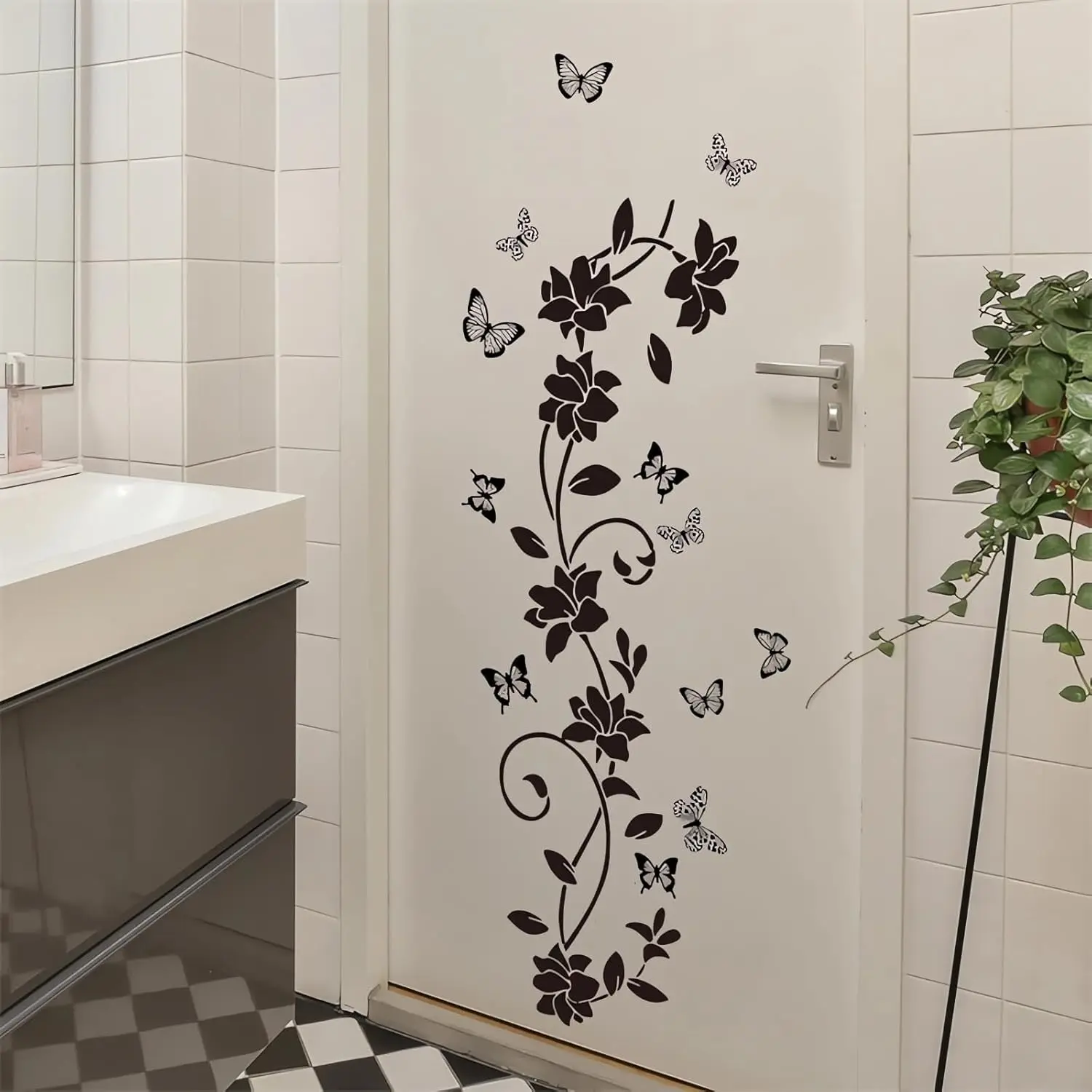 Floral Butterfly Bathroom Decorative Door Sticker, Self-Adhesive Bathtub Wall Decal, Bedroom Background Wallpaper, Butterfly Stickers, Wall Decals Peel and Stick, 1 Piece