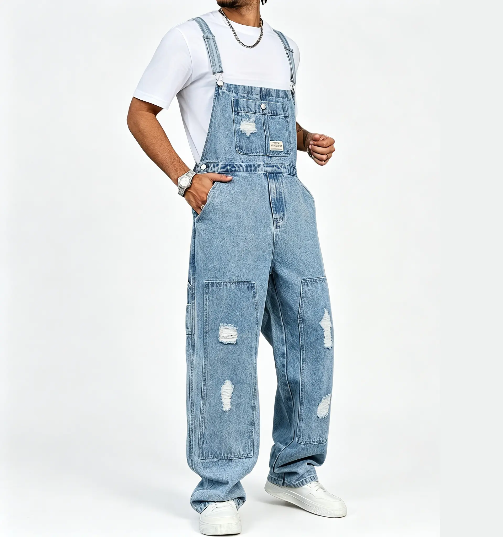 Plus-size Men's Trendy Denim Overalls, American Retro Multi-pocket Workwear Style Logging Pants, Heavy Washed Perforated Design, Three-dimensional Cut And Spliced Loose Straight Cut, Laid-back And Simple Plus-size Men's Denim Overalls Jumpsuit