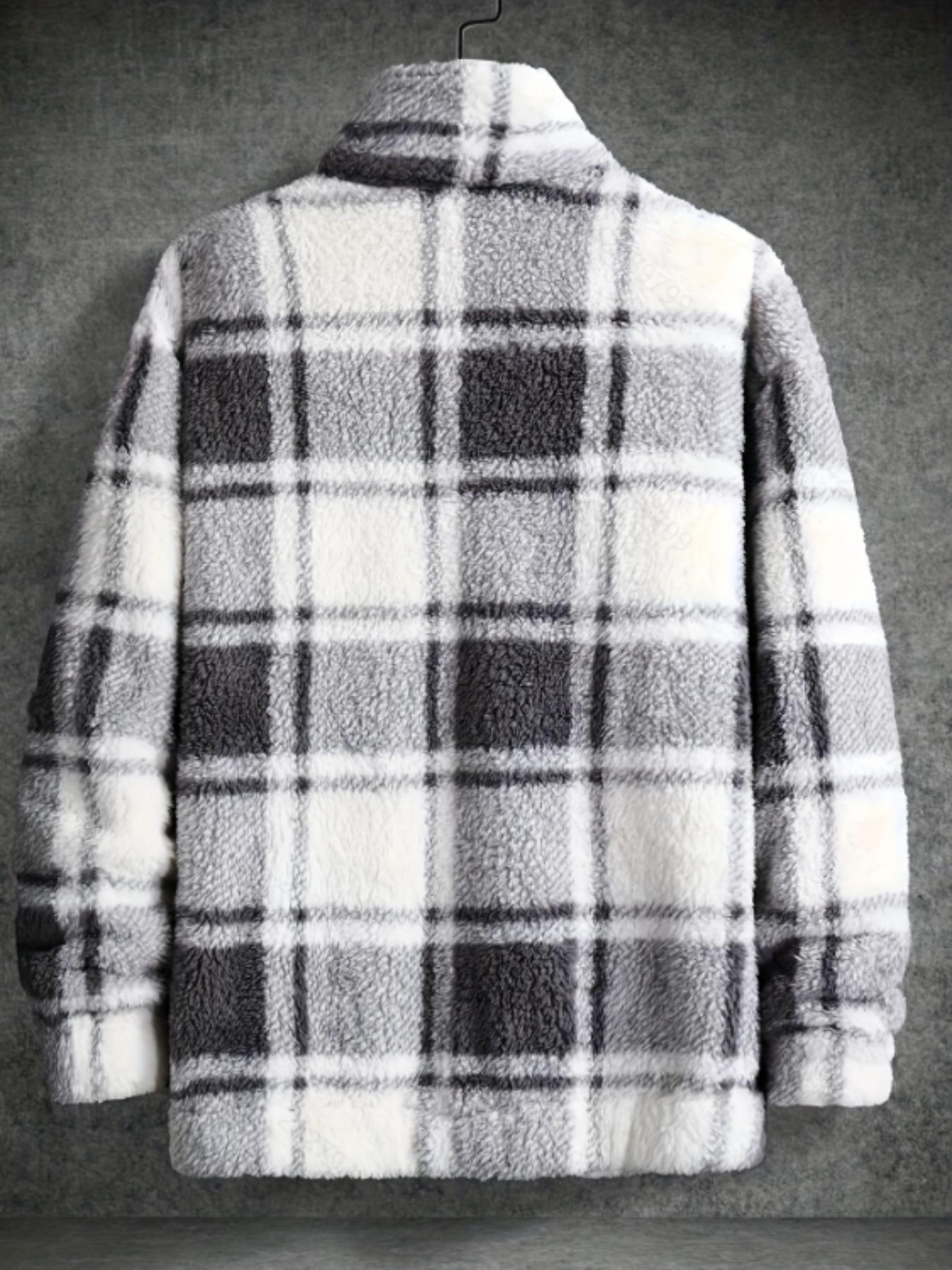 Men's Plaid Print Button Front Drop Shoulder Fuzzy Jacket, Casual Long Sleeve Collared Outerwear for Winter, Men's Clothes for Daily Wear