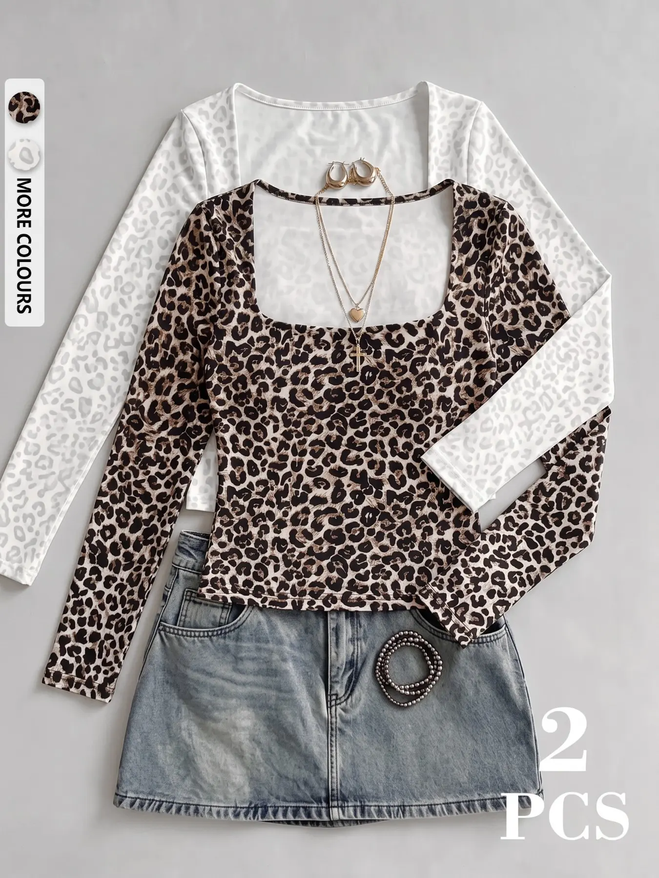 2Pcs Women Leopard Print Square Neck Long Sleeve Crop Tops, Slim Fit Stretchy Basic Tees, Vintage Y2K Bodycon Shirts, Casual Daily Layering Long Sleeve Blouse
