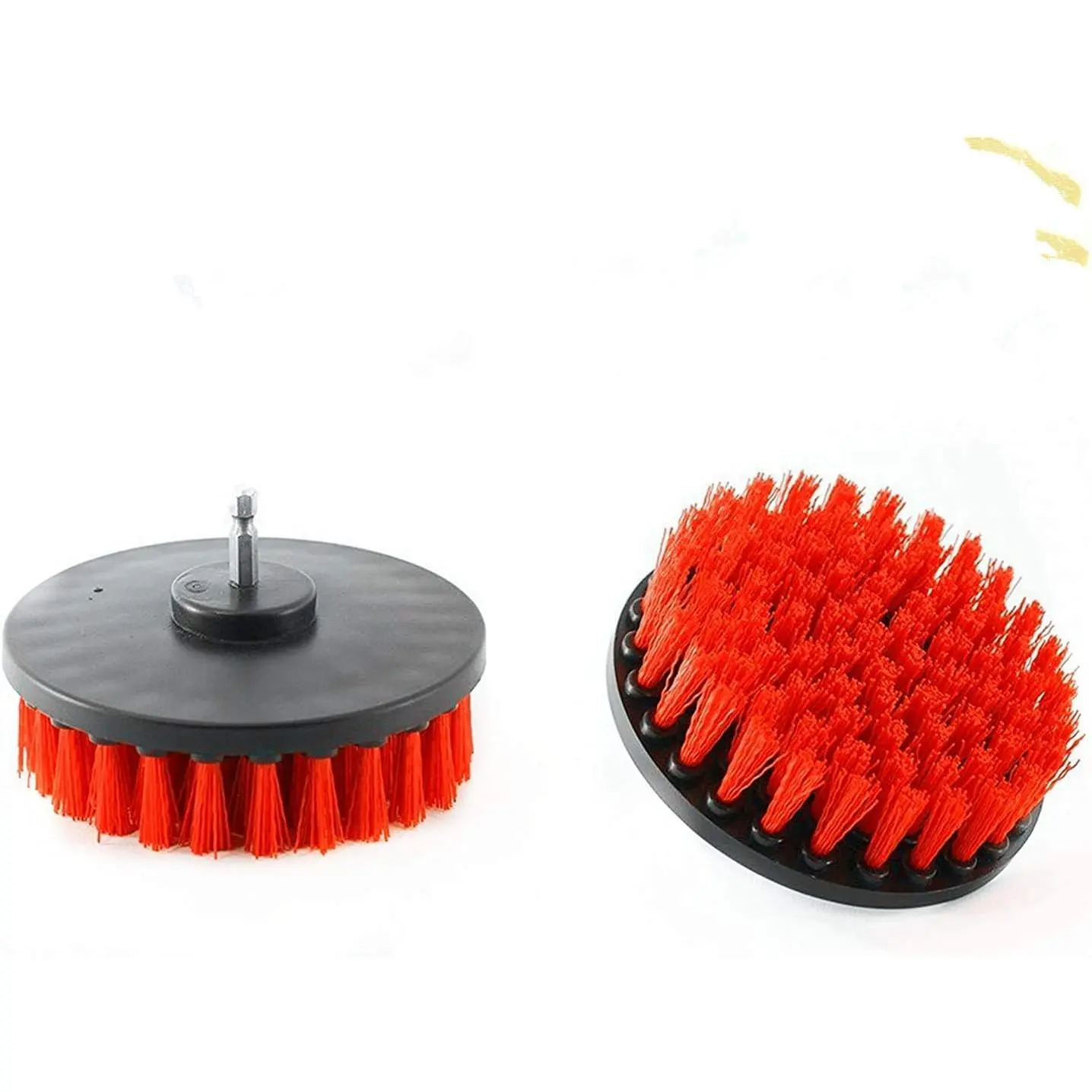 Heavy Duty Drill Brush Set (2 Count) - 5 in Stiff Red Synthetic Bristles with Metal Shaft Attachment, Tile Cleaners for Rust, Soap Scum, Hard Water Stains, Metal Shafts, Two Brushes