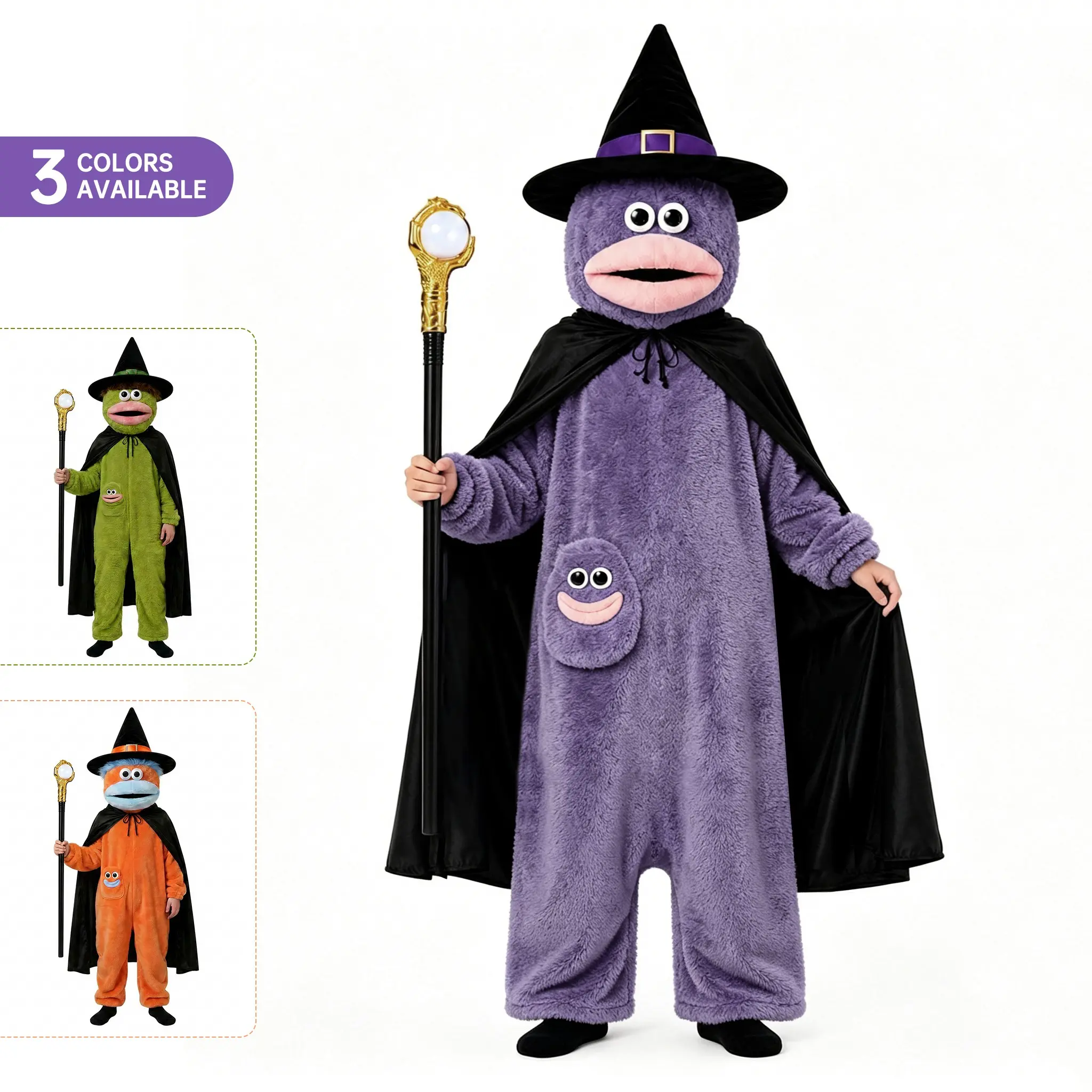 Halloween Wizard Monster Costume Set, Themed Costumes, Fun Plush Hooded with Witch Hat, Cape & Magic Wand, Soft Party Props for Photos & Parties