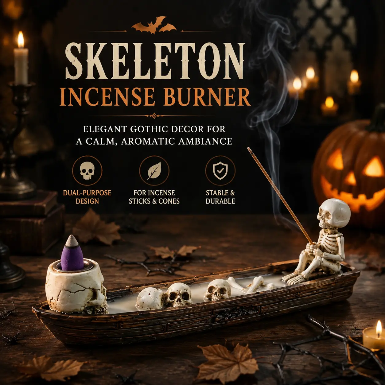Creative Skeleton Fishing Boat Design Incense Burner, Backflow Smoke Effect Incense Burner with Incense Sticks & Fragrance Blocks, Halloween Gift, Scented, Aromatherapy Scent Diffuser, Home Fragrances, Incense Holder#GLOBAL PICKS-YY2