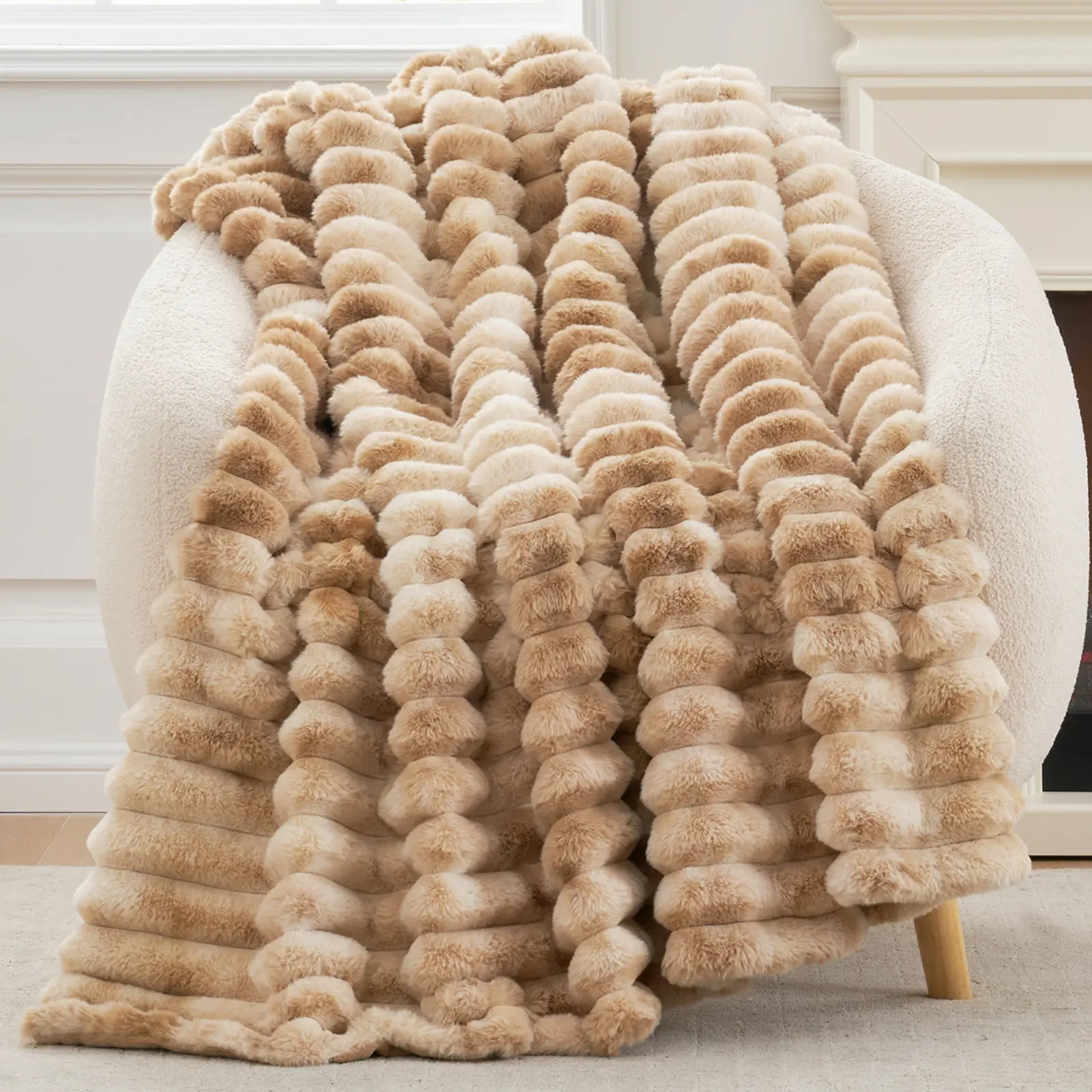 Cozy Bliss Striped Faux Rabbit Fur Throw Blanket 450GSM - Cozy Aesthetic, Machine Wash, Dense Plush Texture Feels Indulgent, Lightweight Carry, Striped Adds Charm, Warm, Versatile for Bed, Couch, Travel, Whole Family Fit, Ideal Gift