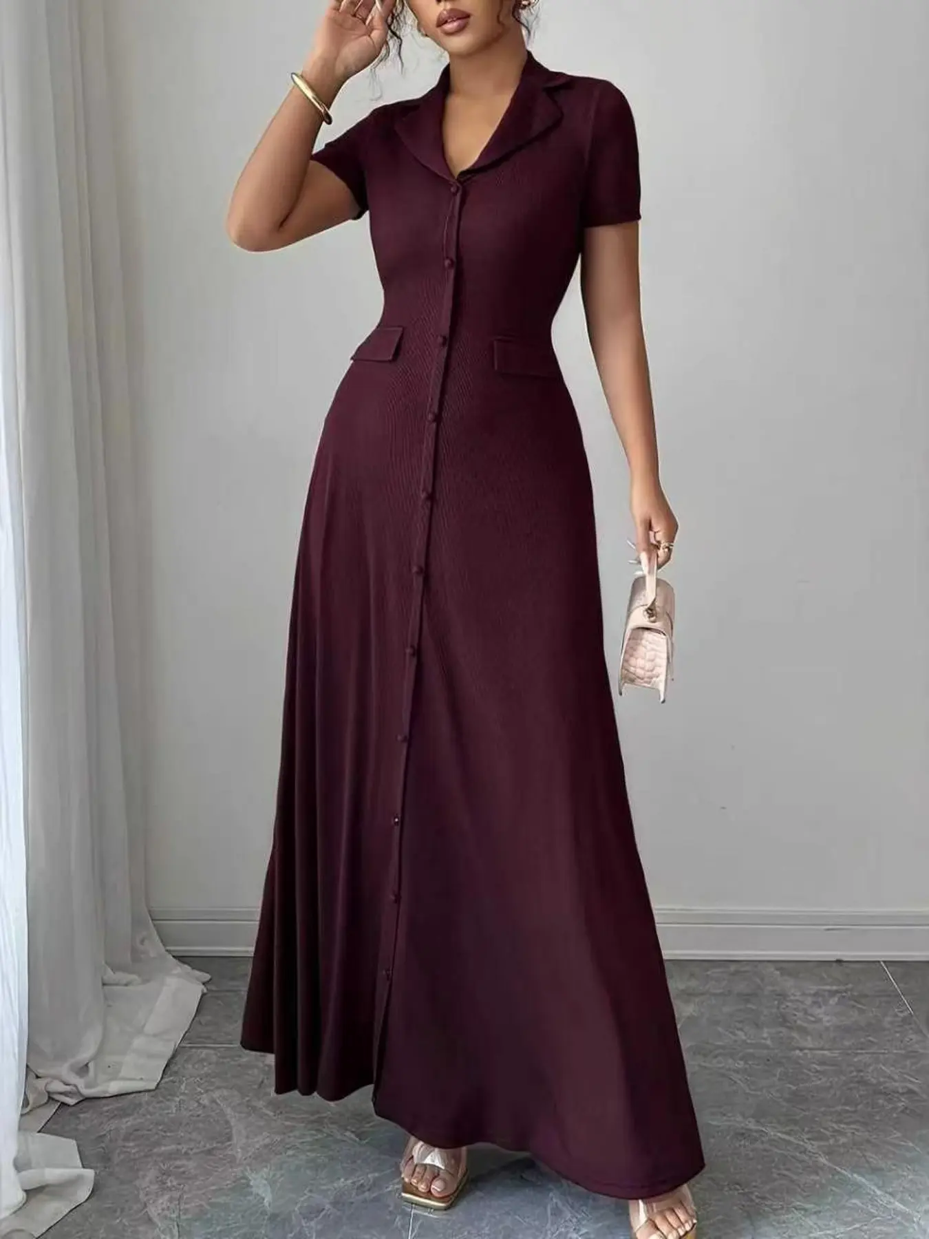 Elegant Light Luxury Bohemian Notch Neckline Dress, Casual Boho Chic, Waist Cinching Slimming Design, Button Decoration, Back Butterfly Tie, Women's Short Sleeve Long Dress