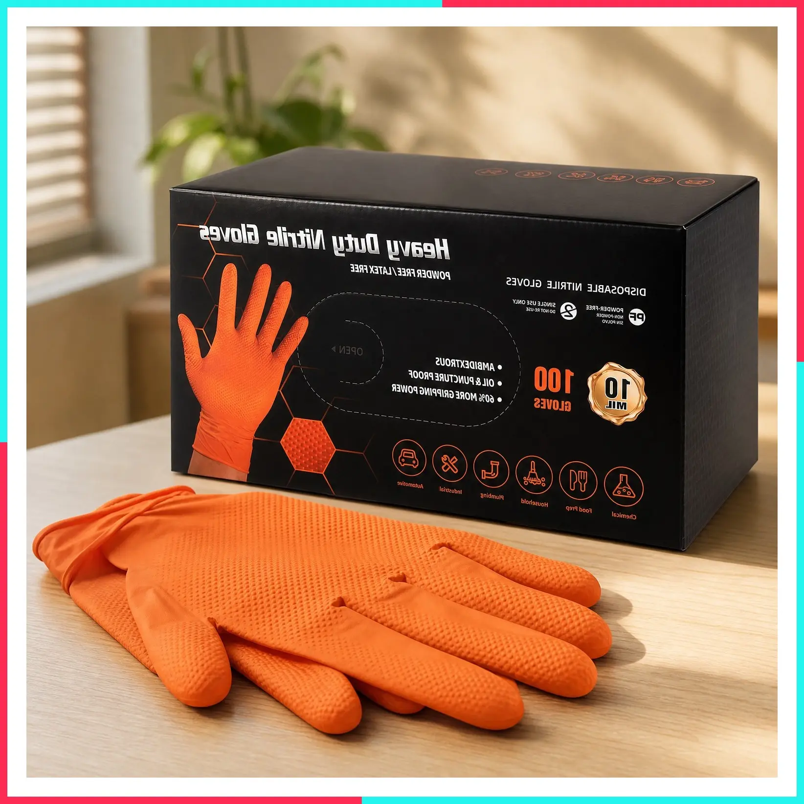 10 Mil Heavy Duty Black Nitrile Mechanic Gloves, 100 Count XL | Diamond Grip, Latex & Powder Free for Heavy Equipment, Auto Service, Chemical Handling & Shop Work