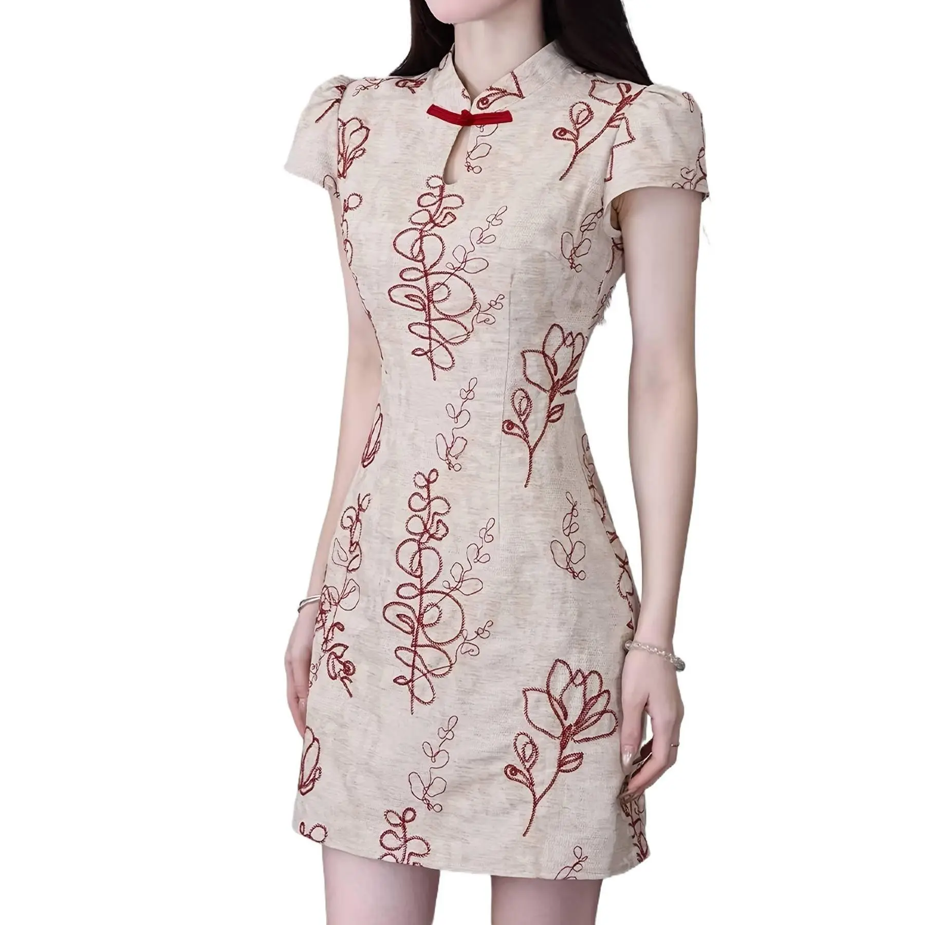 Women's Casual New Chinese-Style Printed Polyester Cheongsam Dress - Knot Accent, Button Fastening, Flattering Fit, Elegant Sweet Design, Premium Fabric