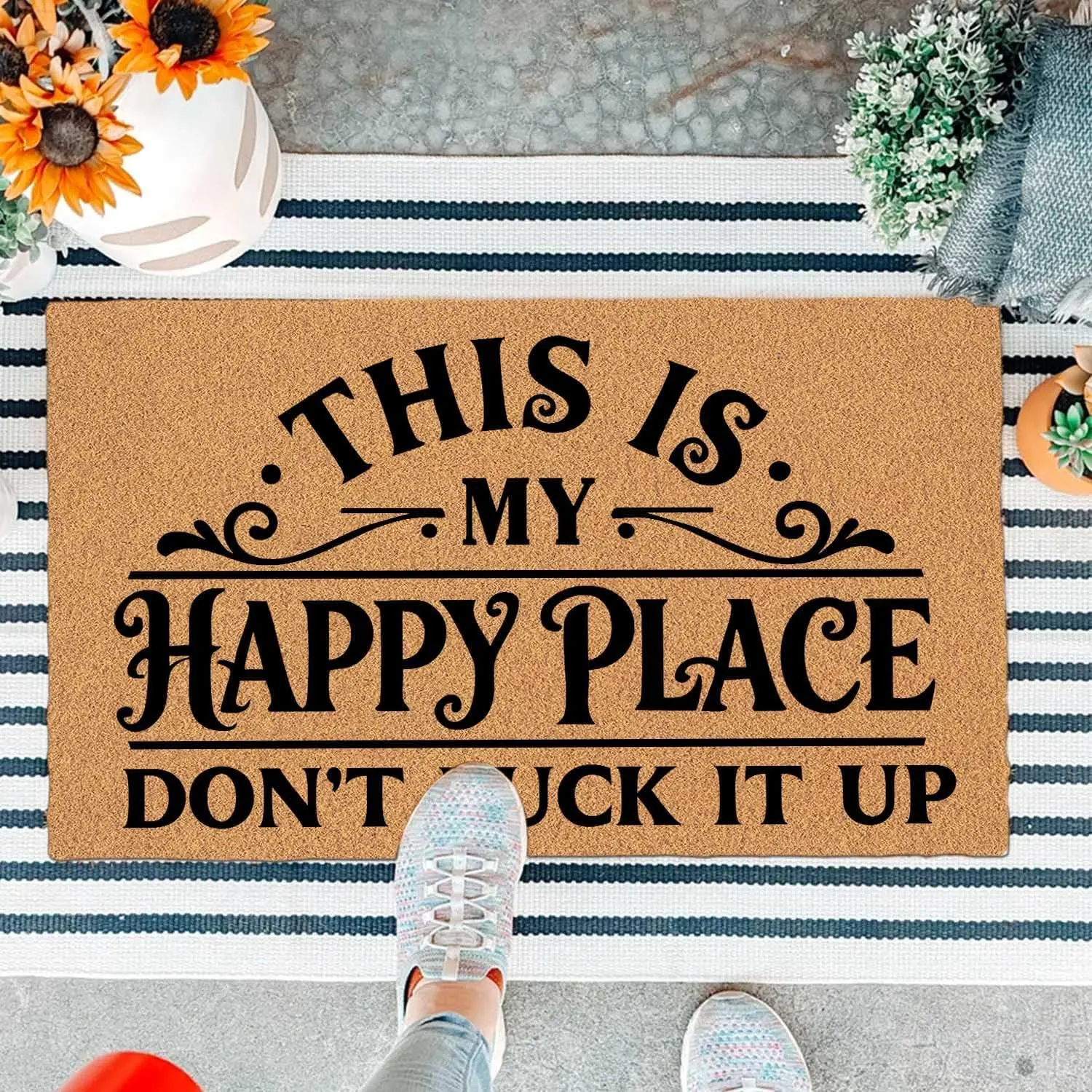 My Happy Place Don't Fuck It Up Funny Doormat Front Door Mat Entryway Outdoor Mat with Heavy Duty Front Porch Welcome Mats Entry Brown House Warming Gift Mat