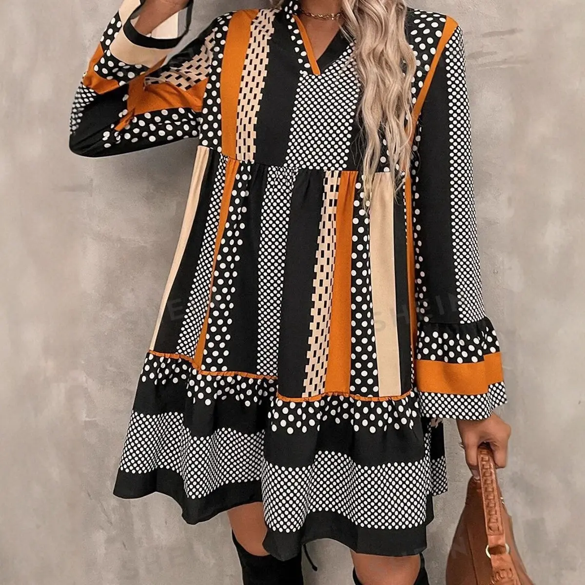 Women's Korean Flowy Modest Casual Wave Print Mini Dress - Elegant Long Sleeve Ruffle V-Neck, A-Line Shape, Plus Size Ready-to-Wear Dress, Flowy Modest Casual Dresses