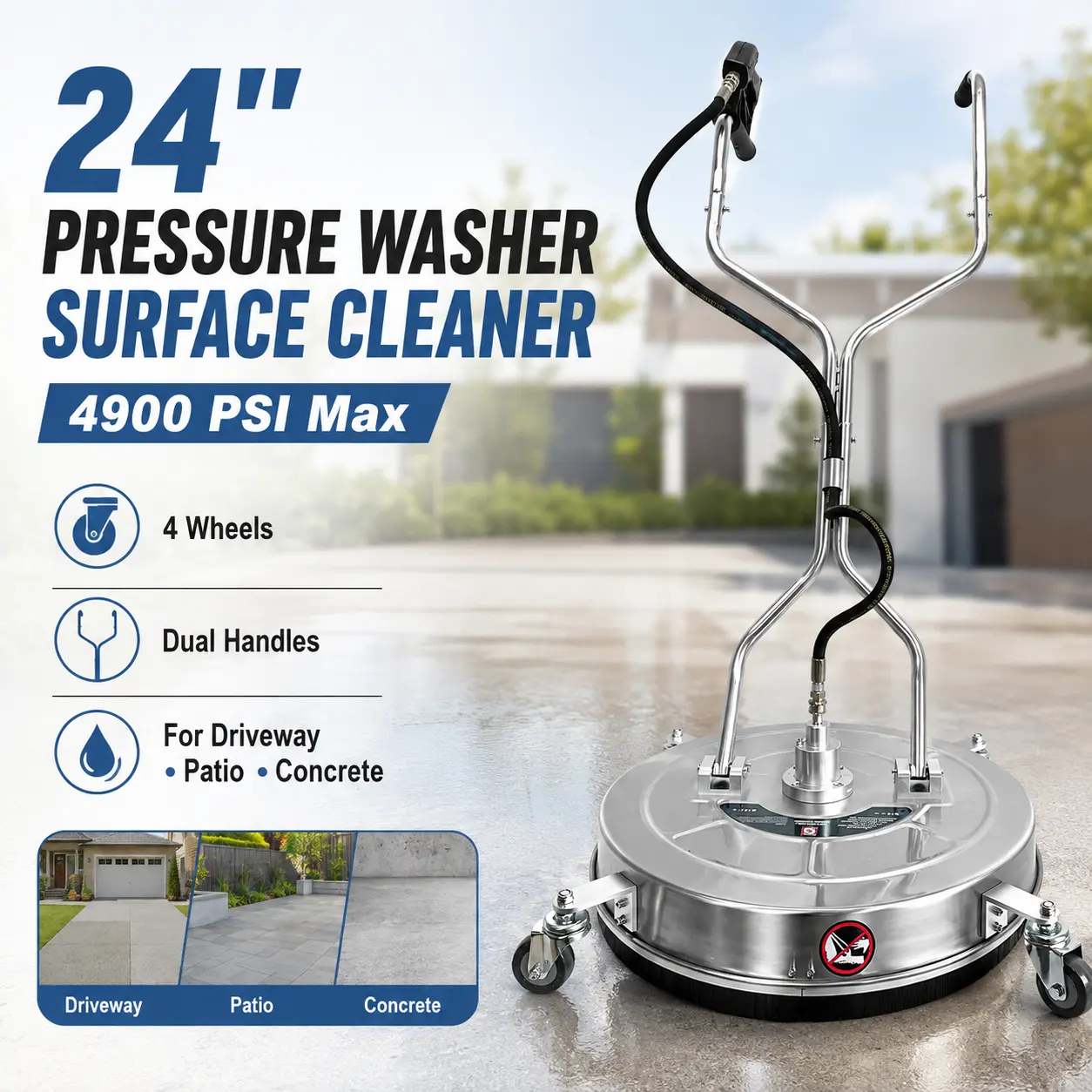 24" Pressure Washer Surface Cleaner – 4900 PSI, 4-Wheel Stainless Steel Cleaner for Driveway, Patio & Concrete