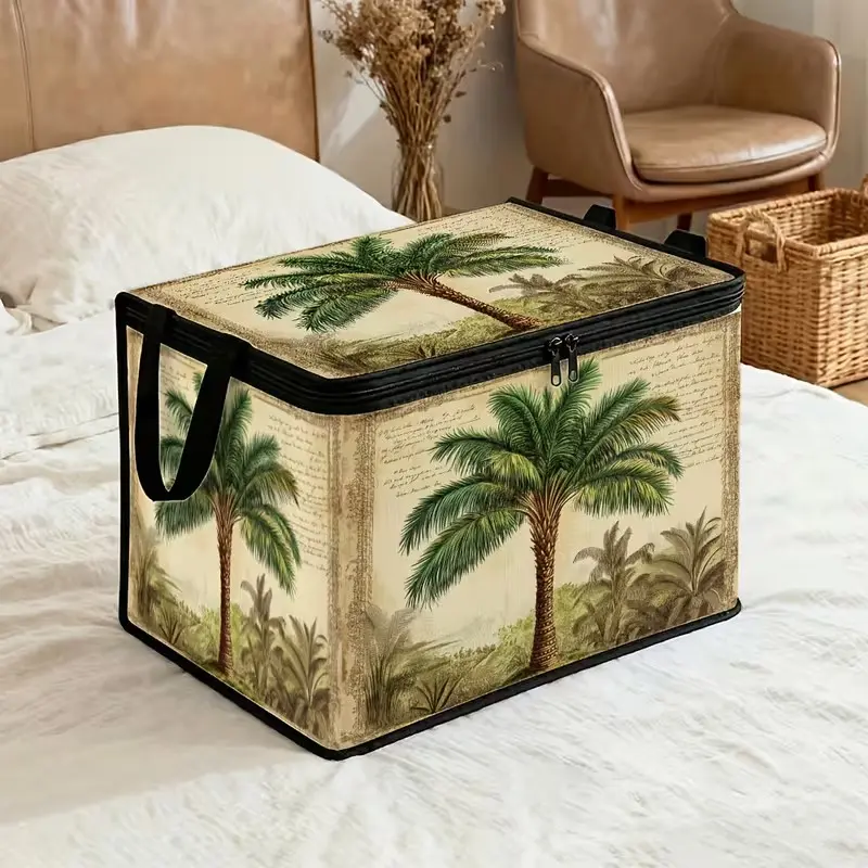 1 Extra‑Large Lidded Storage Box, Zipper Foldable Bag, Vintage Botanical Tropical Natural Palm Sketch Heritage Flip‑Top. For blanket organization, bathroom storage, home gifts, guest room storage, wardrobe tidying, rectangular shape, under‑bed storage