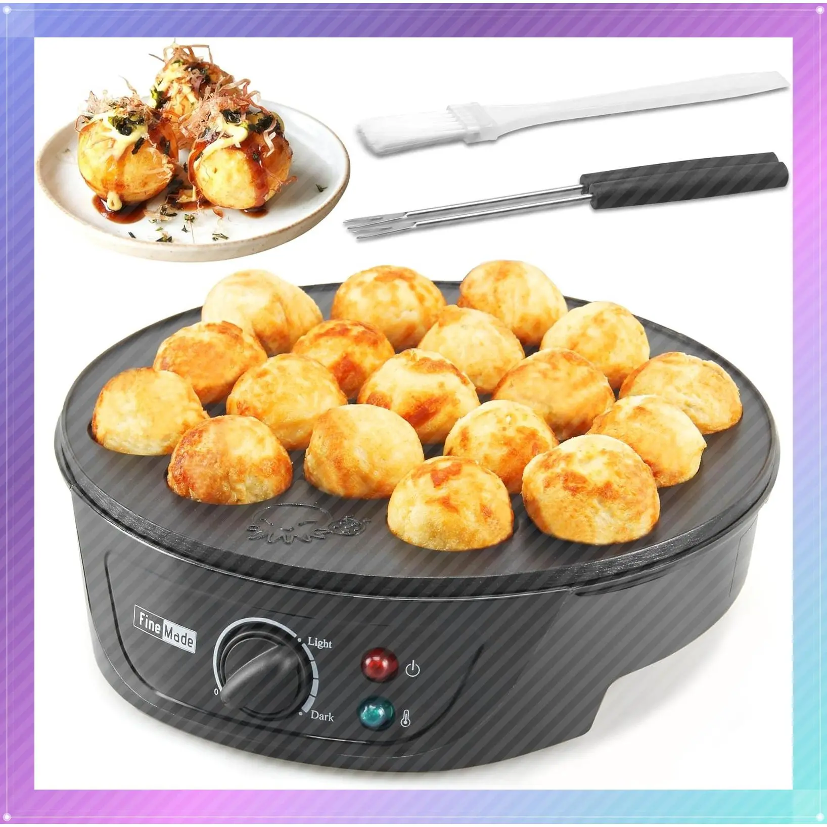 Takoyaki Maker Pan with Temperature Control, Tools and Recipes, Make 18 Japanese Octopus Balls at once, Easy to Use and StoreGift