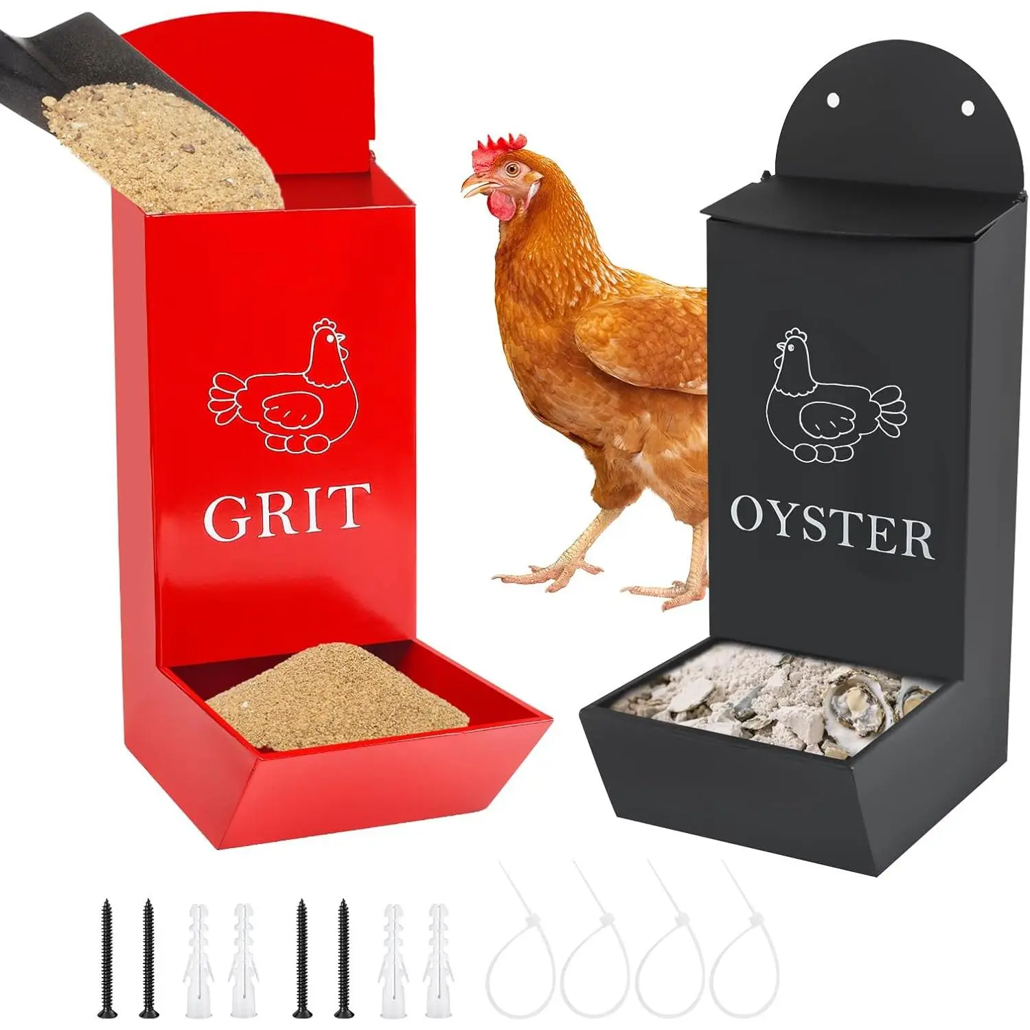 2Pack Chicken Grit Feeder, Metal Oyster Shell Feeder with Lid, Hanging Gravity Chicken Poultry Feeders Trough, Coop Accessories Supplies