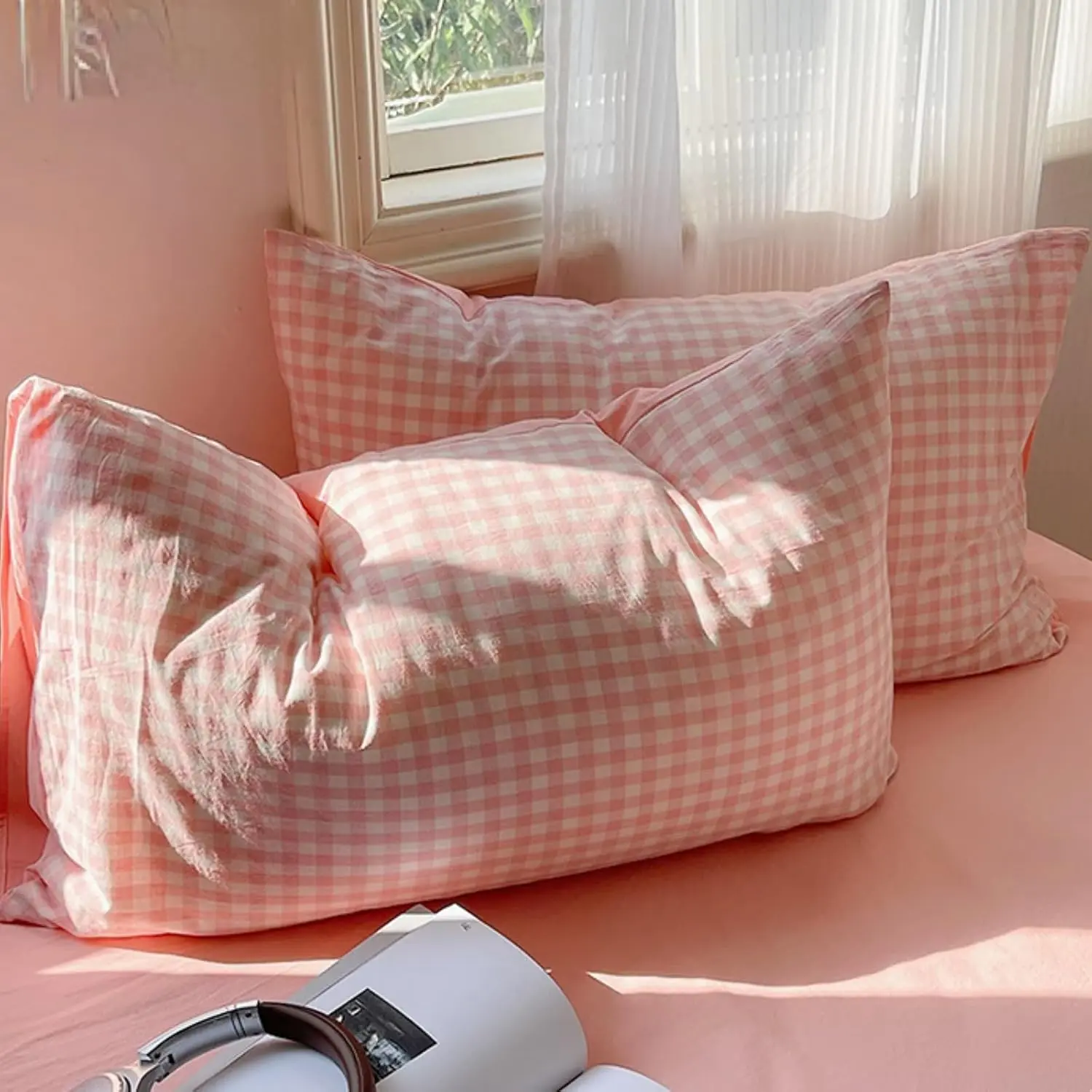 Standard Size Blue Checkered Pillow Cases Set of 2 - Modern, Cute Pattern, Soft Washed Bedding Essentials for Home Bedroom Use, Envelope Closure (20" x 30")