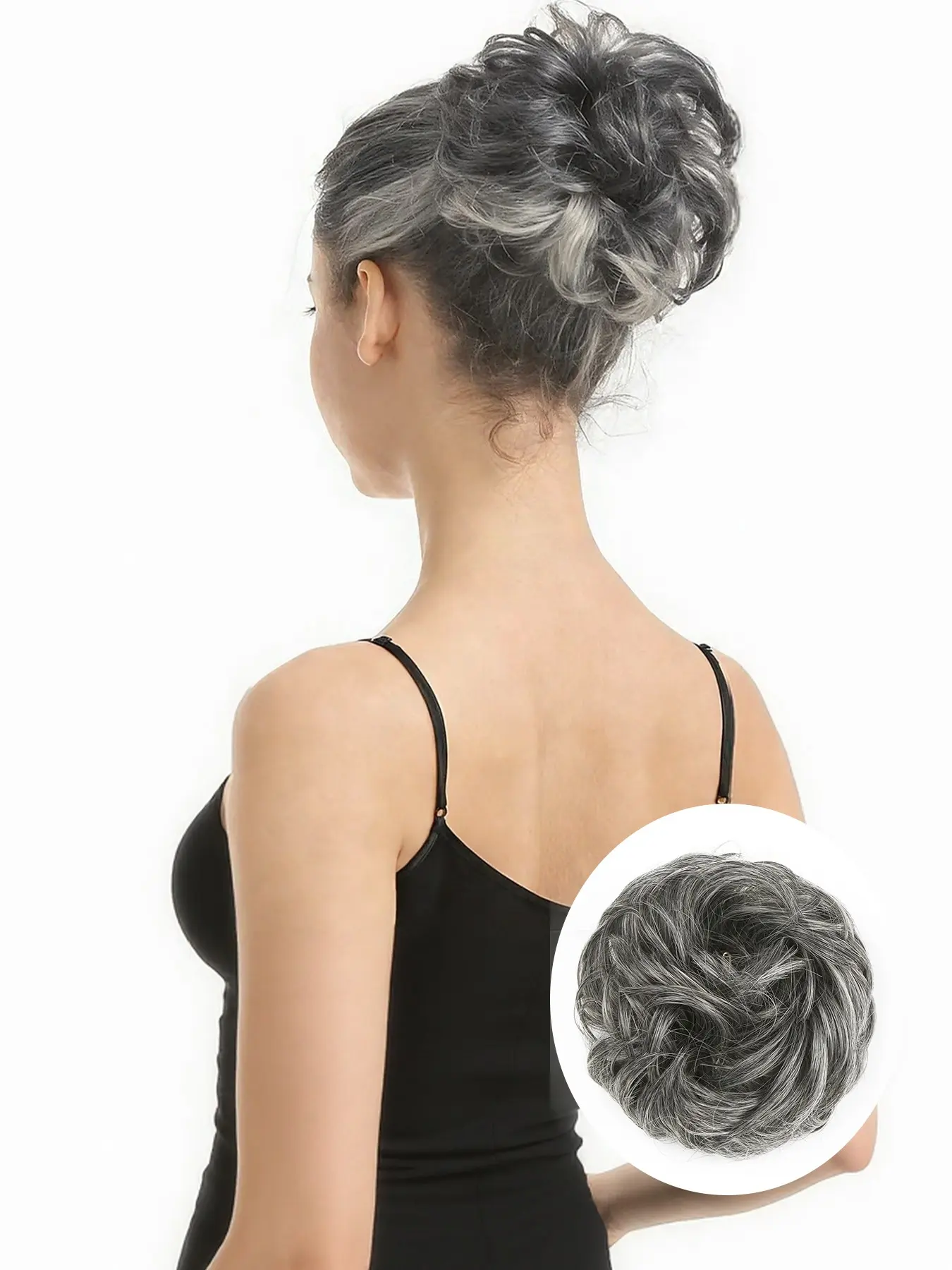 6-Inch Messy Bun Hair Piece, Fake Hair Bun, Gray Synthetic Curly Wavy Scrunchie Fiber Chignon, Elastic Fluffy Updo Ponytail Extension for Instant Volume, For Women's Daily Wear, Hair Extensions