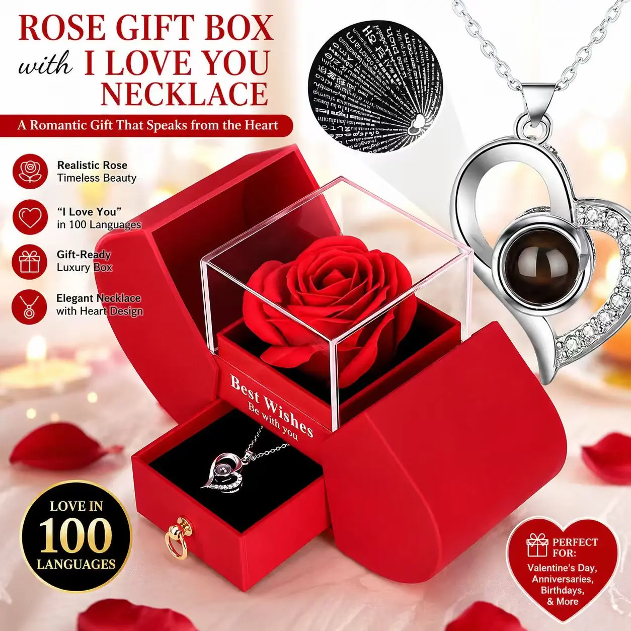 2026 Viral Rose Gift Box with 100 Languages I Love You Necklace | Romantic Surprise Gift for Wife, Girlfriend & Mom | Luxury Jewelry Box for Graduation, Wedding, Birthday, Anniversary & Valentine's Day