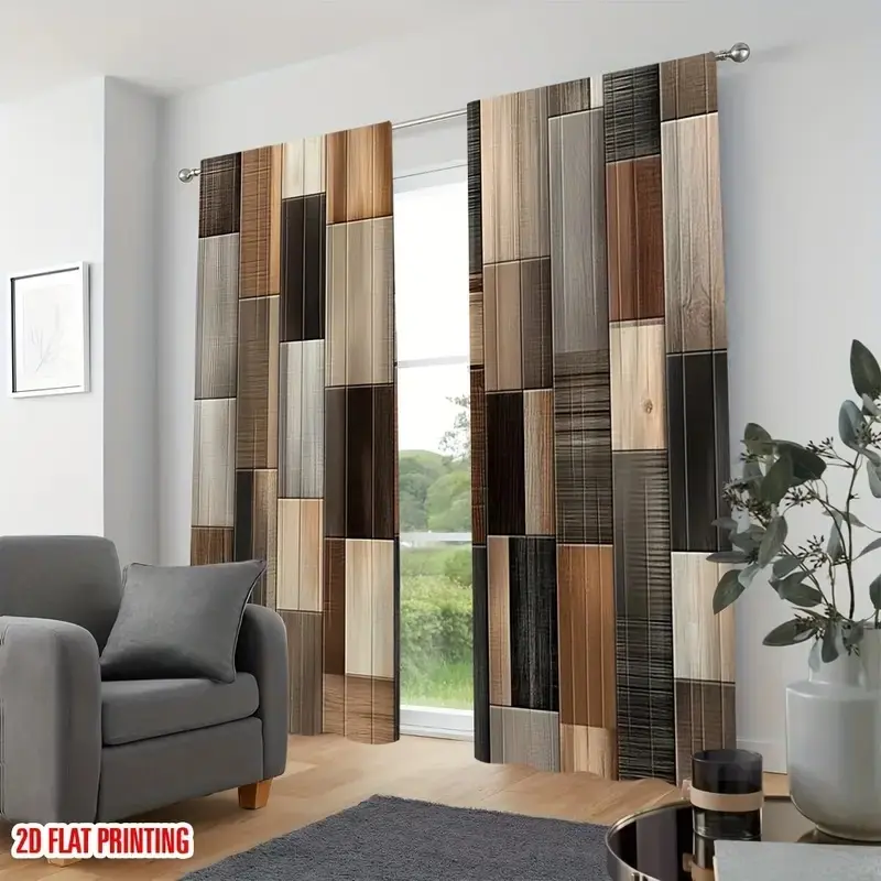 2 pieces of modern curtains, Home Decorative Curtain, Window Curtain, with wood grain pattern, color brown, gray, beige, semi blackout, machine washable polyester fiber material, bedroom and living room, kitchen curtains