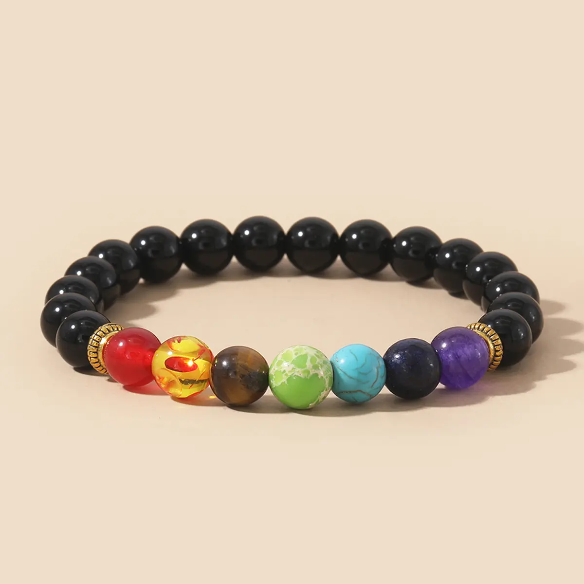 7 Chakra Natural Multicolor Crystal Lava Rock Stretch Bracelet, Handmade Woven Elastic Yoga Meditation Beaded Bracelet For Women Men Spiritual Jewelry, Bead Chain, Adults