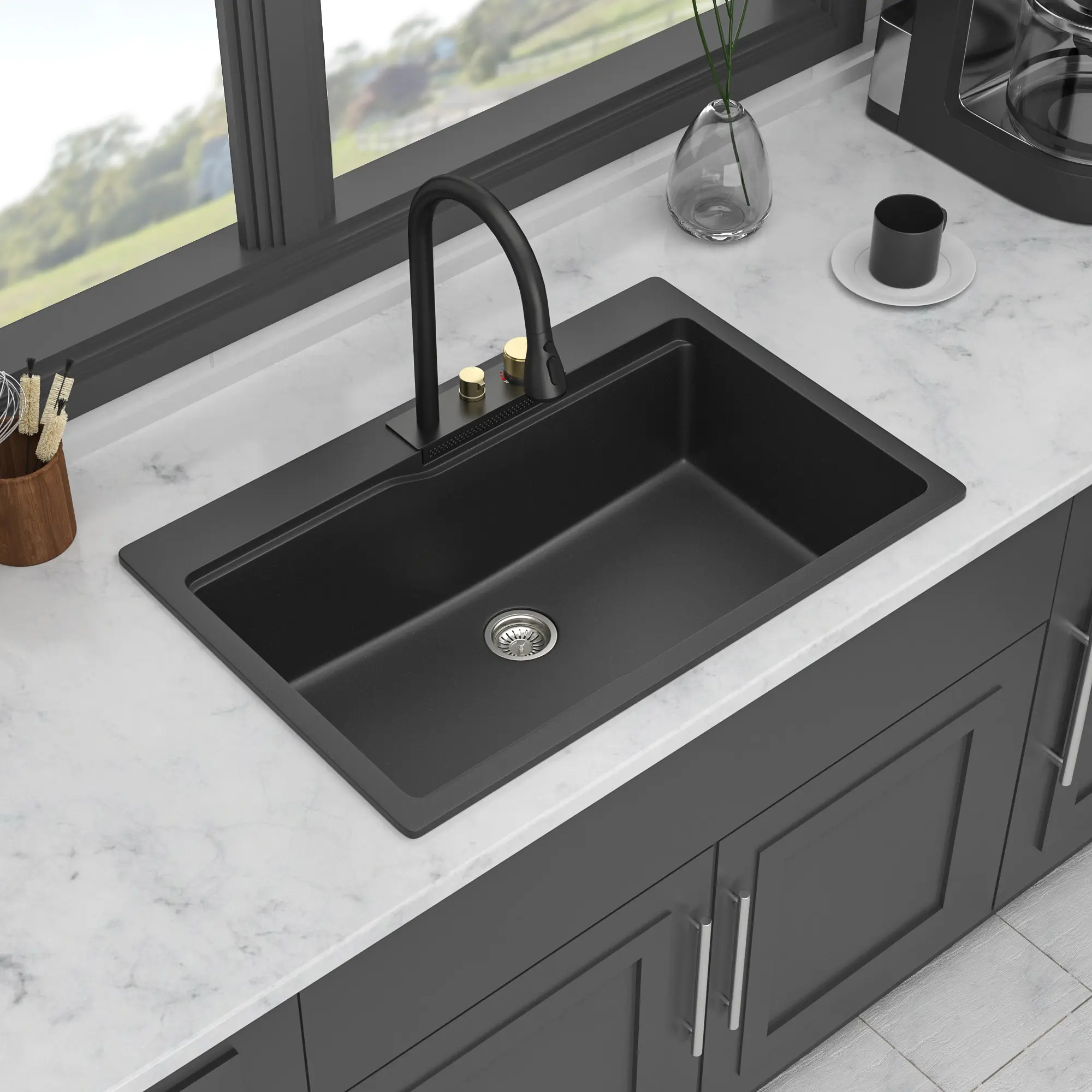 ARCH 33x22x10" Black Quartz Composite Granite Drop-In Waterfall Workstation Kitchen Sink - Single Bowl with Pull-Out Faucet, Drying Rack, Cutting Board, Colander, Bottom Grid, Basket Strainer, Installation Kit for Kitchen Island, Laundry