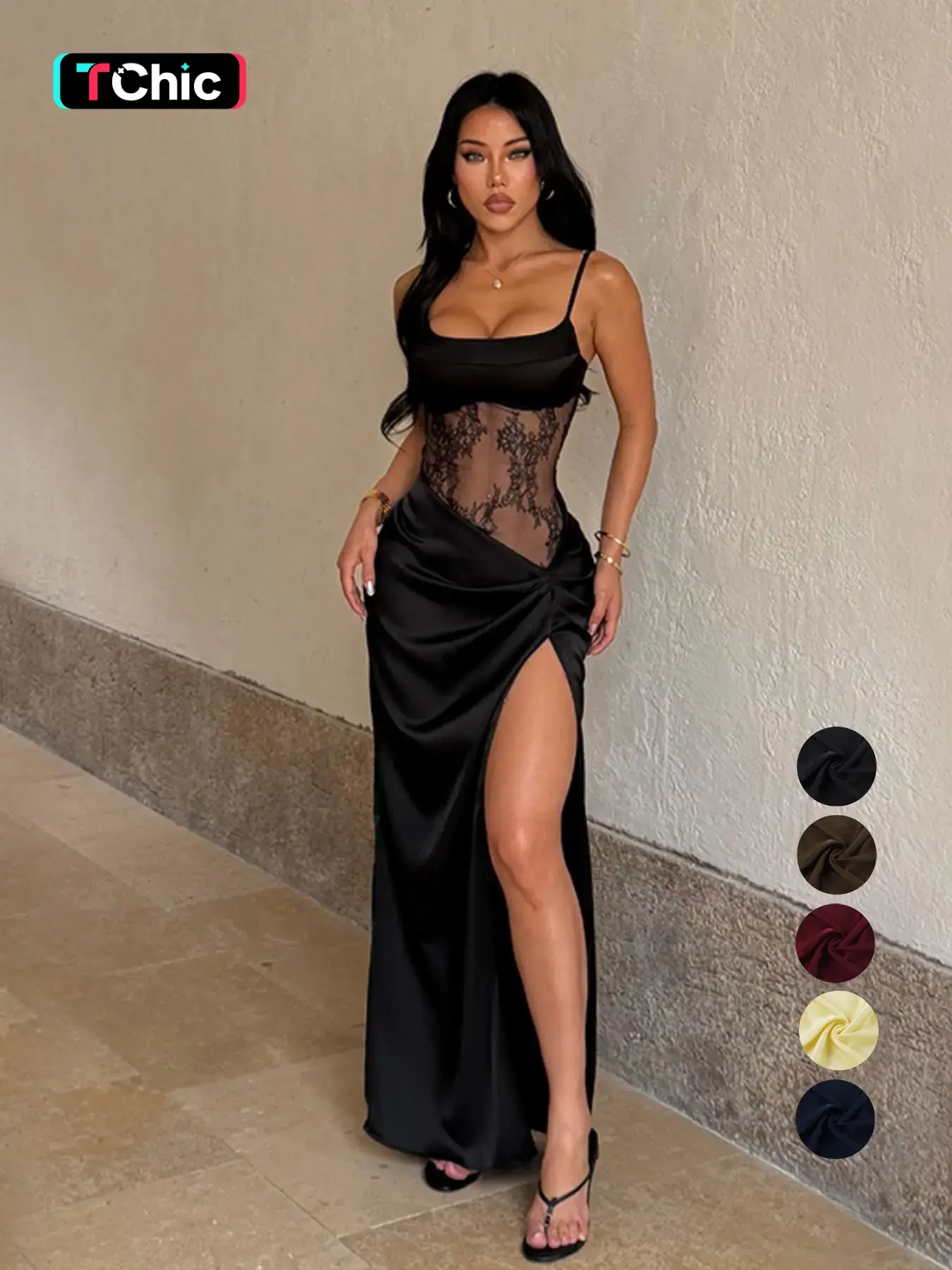 Sexy Lace Panel Cami Dress with High Slit, Backless Design, Feminine Style, Perfect for Parties & Special Occasions, Women's Elegant Fashion Dress