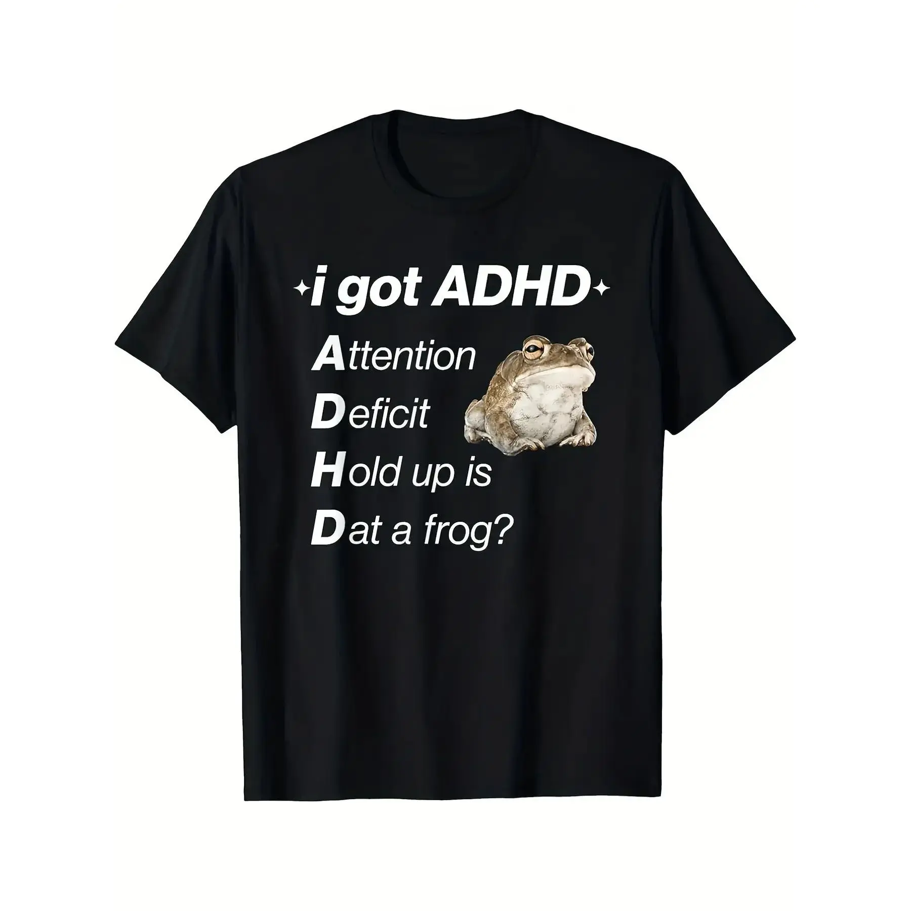 I Got ADHD Attention Deficit Hold Up Is Dat A Frogtshirt - Funny Black T-Shirt for Adults, Casual Crew Neck, All-Season Wear, Humorous ADHD Awareness Clothing Playful Graphic Tee Durable C, Parties, Beach & Sports
