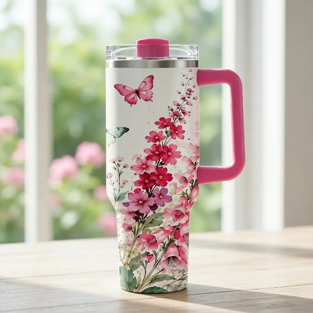Women's 40oz Sturdy Wide Mouth Double Layer Insulated Stainless Steel Printed Tumbler - Blush Pink Wildflower, Butterfly, Botanical Print, Handle, Lid, Straw, Single Cup Water Bottle Vacuum Flask for Travel, Office, Gift, Stainless Steel Flasks, Thermo Cu