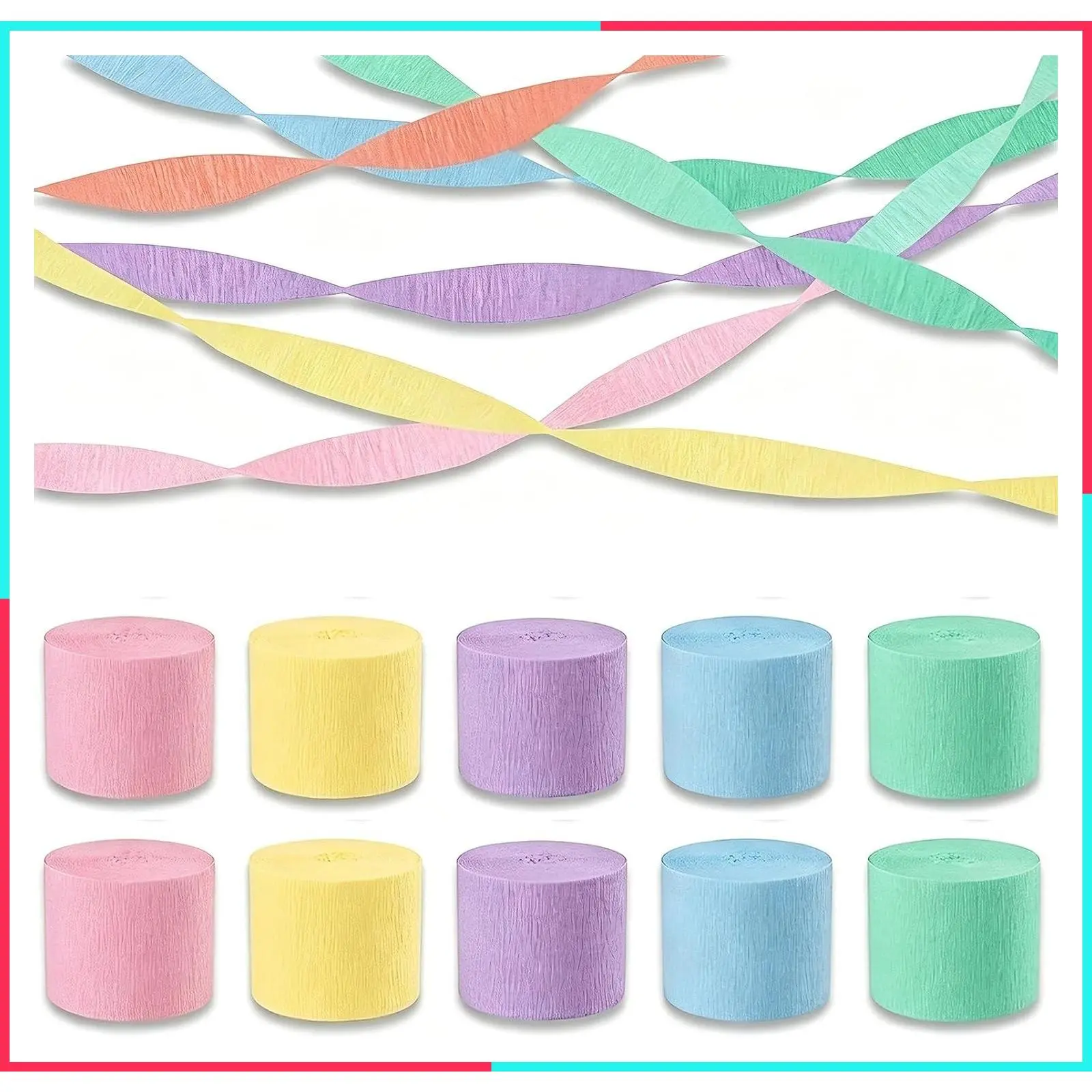 Pastel Rainbow Crepe Paper Streamers Party Decorations, 10 Rolls