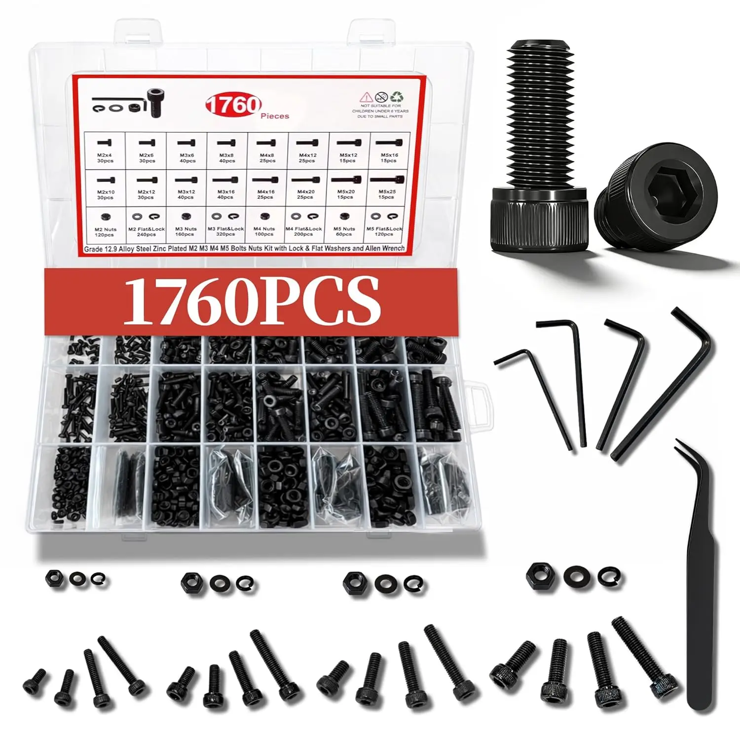 Metric Screw  Kit, M2 M3 M4 M5 Bolt  with  and Nuts, Hex Socket Cap  M Screws for  Printer Black Zinc Plated Grade 12.9 Alloy Steel
