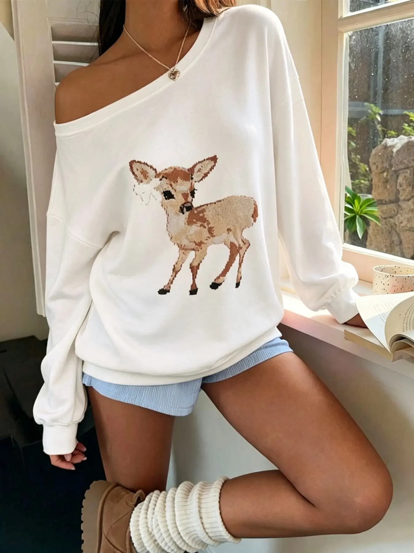 Women's Asymmetrical Neck Long Sleeve Sweatshirt, Cute Deer Print, Streetwear, Hip Hop, Dance, Motorcycle, Campus, Youth, Holiday, Casual Fashion
