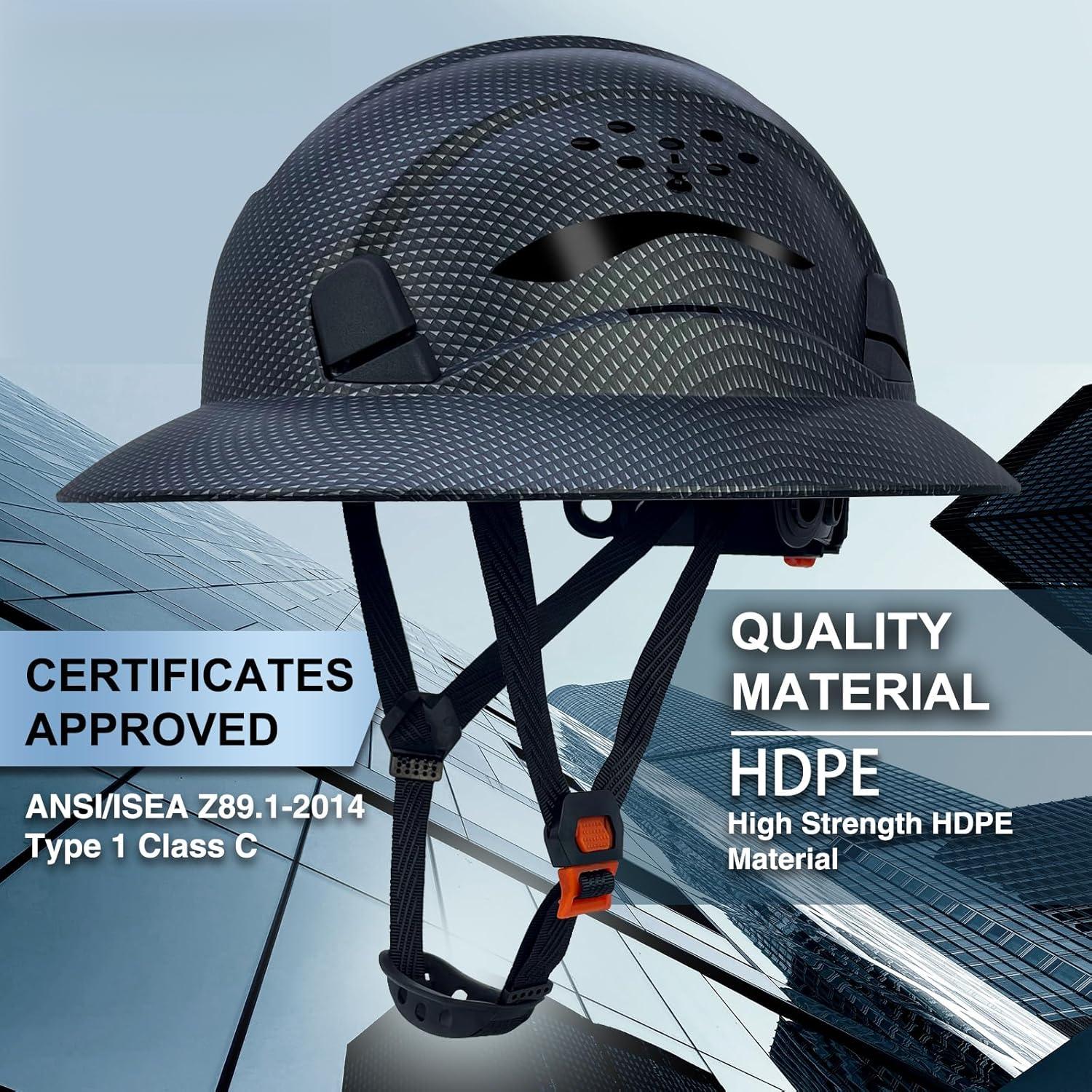 Full Brim Hard Hat Vented Construction Safety Helmet Industrial Work Hardhat for Workers 6 Point Adjustable Ratchet Suspension Breathable Head Protection