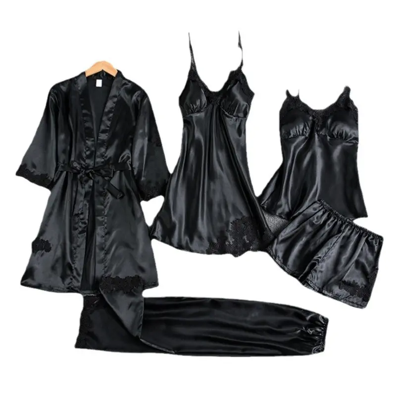 Lady's 5-Piece Black Silk Satin Pyjama Set - Cami Neck Built-In Bra Cami Slip Dress, Tank Top, Shorts, Long Pants, Kimono Robe Luxury Loungewear for Bridal Honeymoon Daily Use, Pyjamas, 5-Piece Black Set