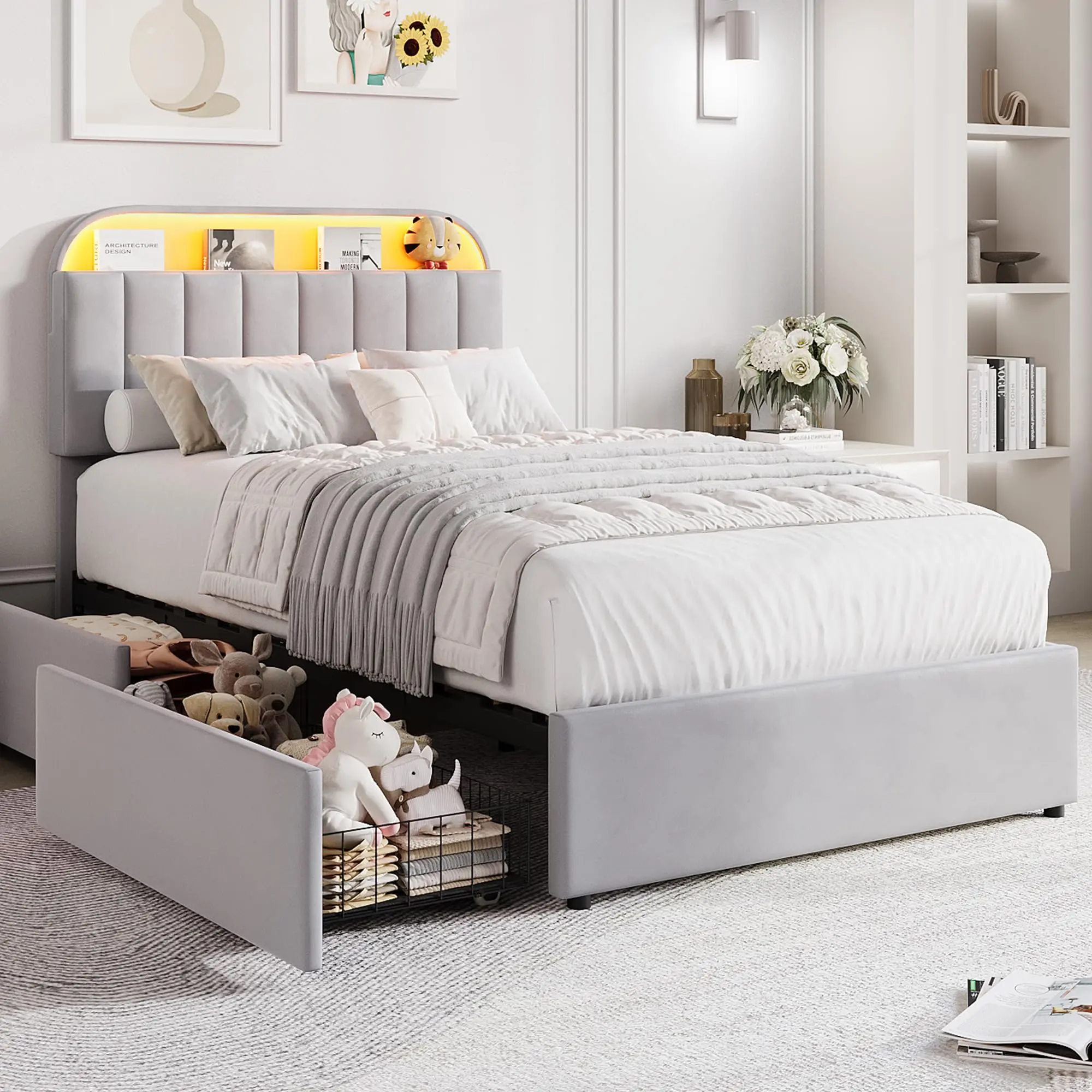Velvet Upholstered Twin/Twin XL Platform Bed Frame for Kids Girls, 2 Flexible Drawers, Bookcase Storage Headboard, Built-in LED Lights, Easy Assembly, Noise-Free, No Box Spring Needed, Purple or White
