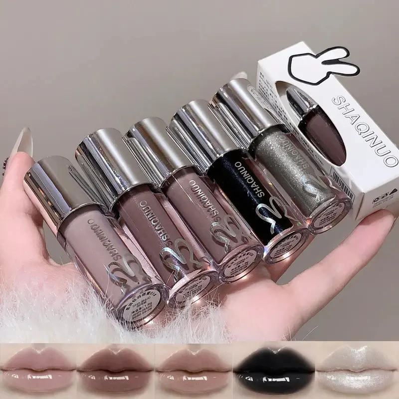 Water Light Mirror Lip Gloss Lasting Moisturizing Cool Black Silver Gray Pearlescent Fine Sparkling Lipstick Lip Oil