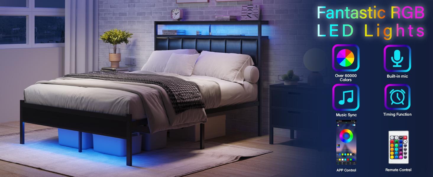 Full Size Bed Frame with Charging Station and LED Lights, Black Upholstered Headboard with 2-Tier Storage Shelves, Metal Bed Frame with Headboard, No Box Spring Needed, Easy Assembly,Black