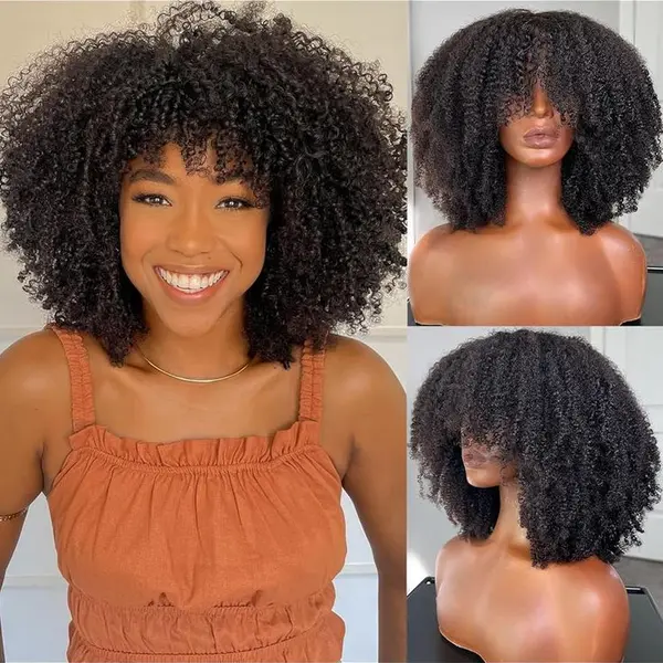 Human Hair Afro Kinky Curly Wig With Bangs Unprocessed Virgin Human Hair Fringe Afro Curly Wigs For Black Women Natural Black Fluffy Kinky Curly Glueless Wig No Glue Needed Heat Styled Afro Kinky Curly Fringe Wig Daily Party Use