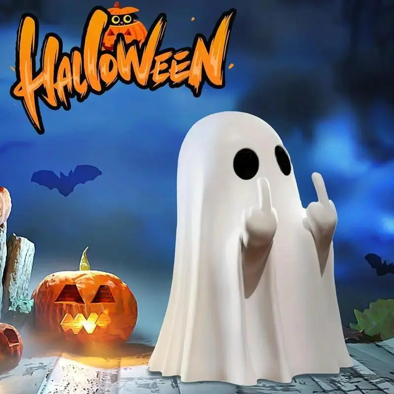 Funny Double Middle Finger Ghost Statue, Spooky White Figurine, Exclusive Design, Cheeky Halloween Ornament, Fits Standard Desk And Porch Shelves For Indoor Decor