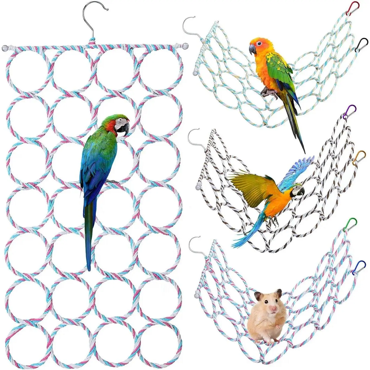 Bird Climbing Net & Swings Set - Hanging Woven Cotton Rope Perch with Wood Ladder, Netted Safe Natural Material Play Gym for Small-Medium Birds’ Wire Cages, Easy Installation, Playtime Boredom-Relieving Parrot Accessories