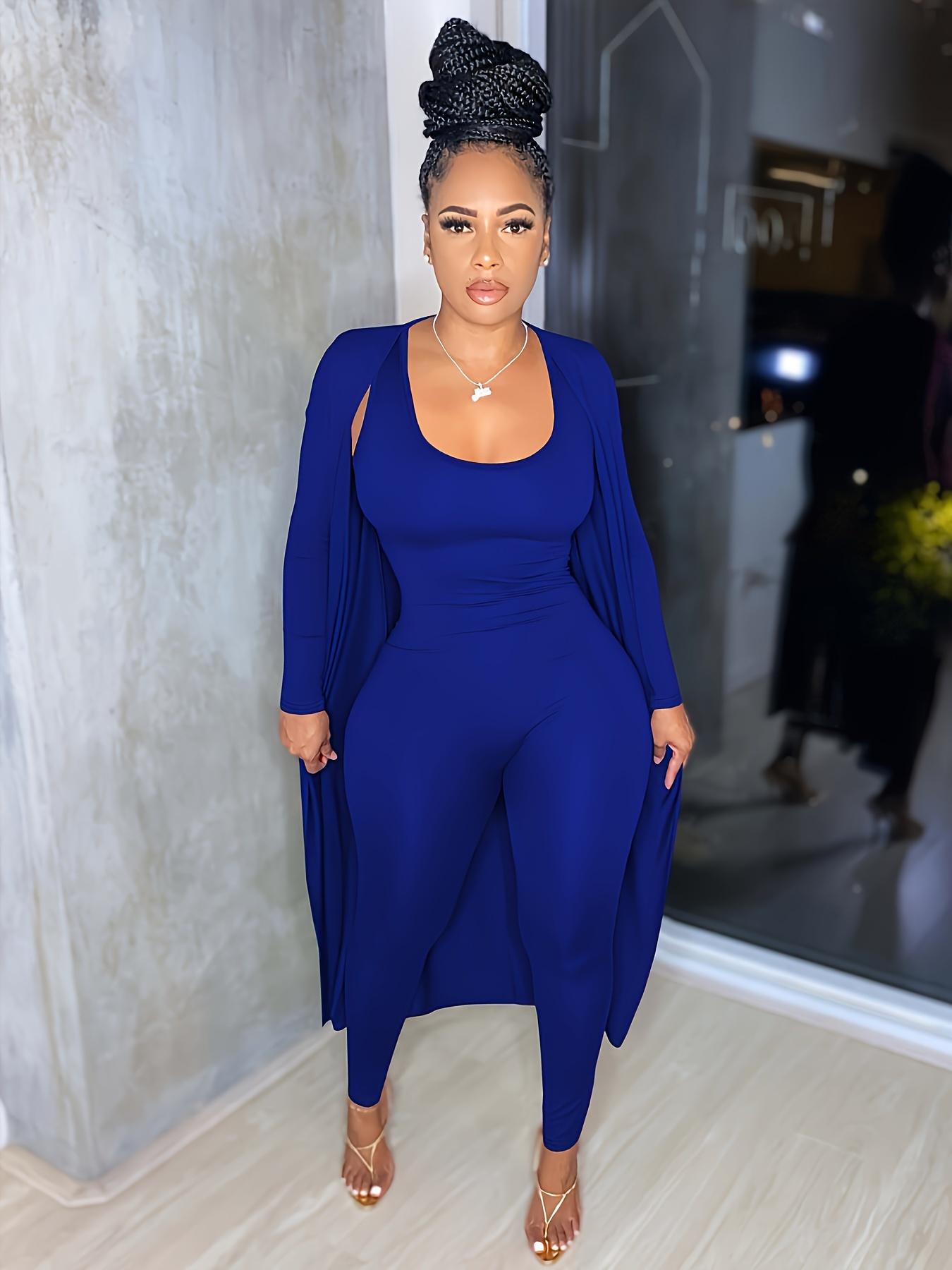 Two-piece Set Women's Solid Open Front Long Sleeve Longline Outwear & Skinny Jumpsuit, Casual Fashion Cozy Outfits for Daily Outdoor Wear, Women Clothes for Fall & Winter, Solid Color Jumpsuits