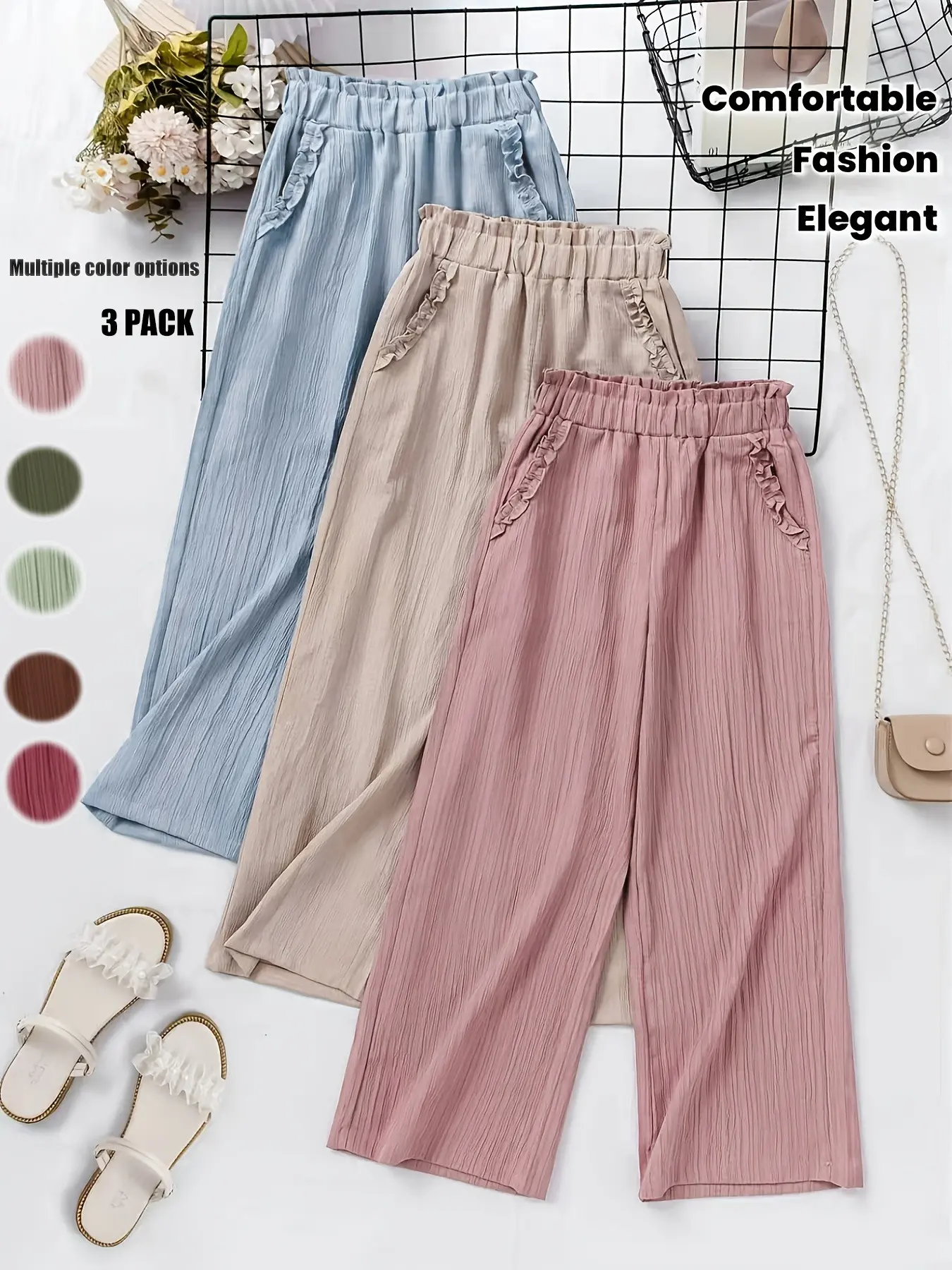 Women's 3-Pack Loose-Fit Baggy Pocket Wide-Leg Pants, Casual Streetwear Pants, Casual Long Trousers for All Seasons, Ideal for Vacation, Home, Commute, Shopping, Music Festivals