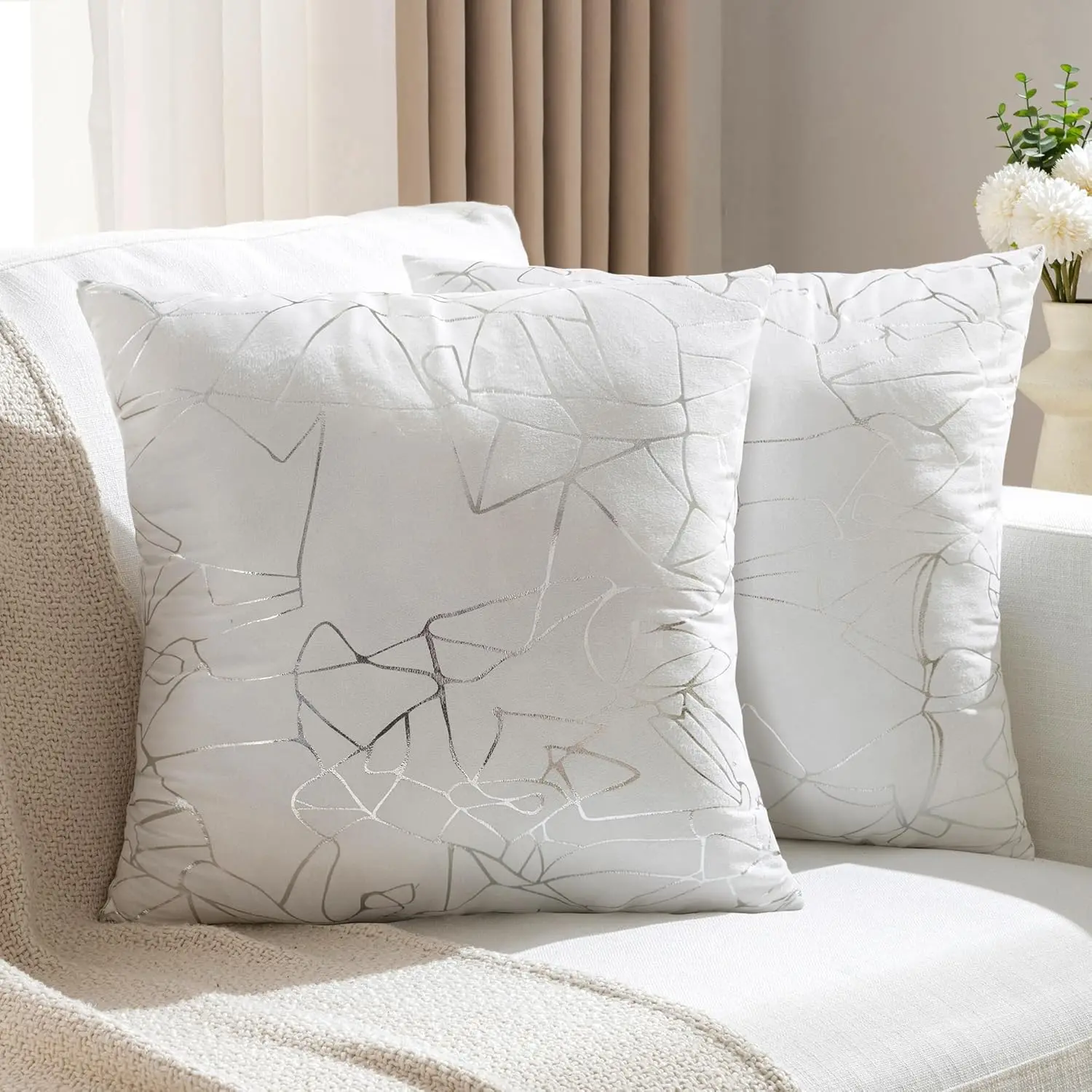 Silver White Glitter Theme Pillow Covers, 2pc 18x18 in Modern Zippered Closure Cushion Cases, Skin-Friendly Suede, Color-Matched Zipper for Sofa, Bed, Home & Office Layering