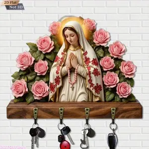 Wooden Wall Mount Key Organizer With 4 Hooks, Virgin Mary Pink Rose Religious Decor Hanging Rack, Vintage Entryway Storage Accessory For Hallway Daily Household Use