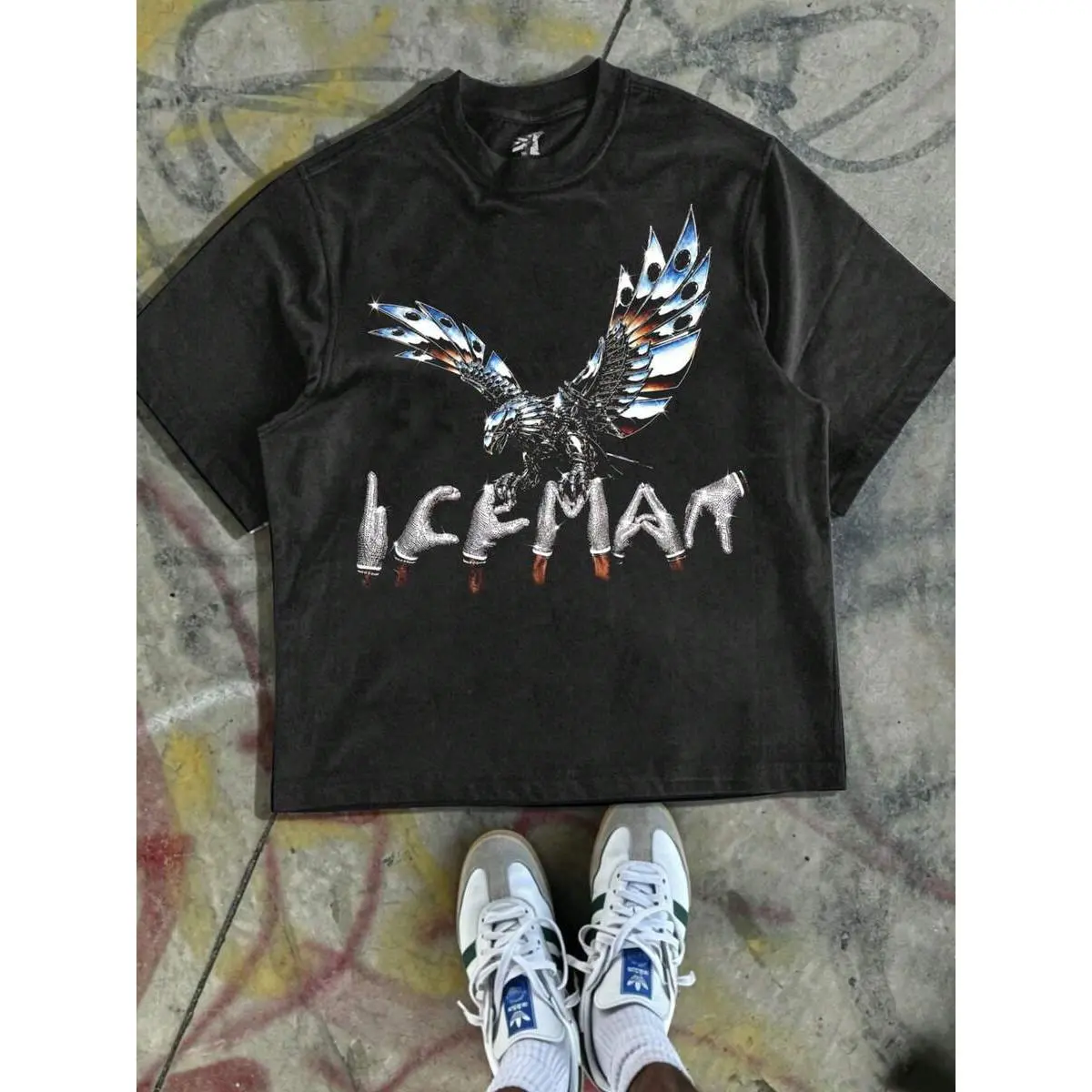 1 PCS "ICEMAN" Mechanical Eagle T-Shirt, Bling Hand Graphic Tee, Bold Streetwear Everyday & Summer Casual Oversized Black Top