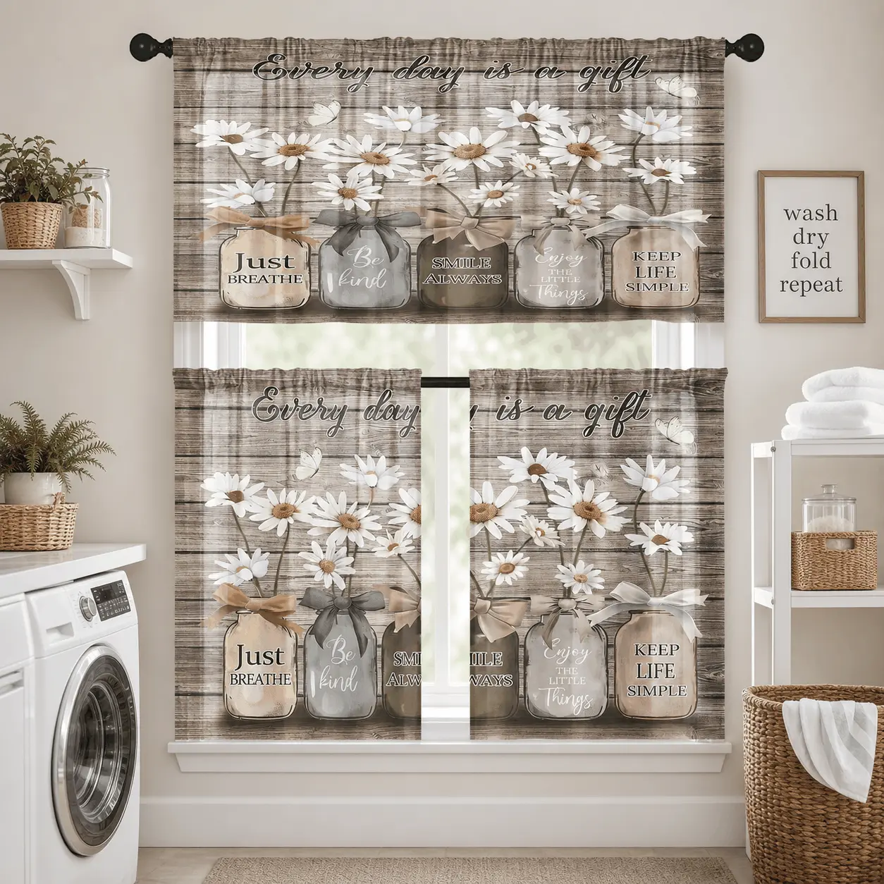 SoftHaven Home USA-Made Farmhouse Floral 3-Piece Polyester Kitchen Curtain Set, Vintage Daisy Print, Rustic Country Window Decor for Farmhouse Kitchen & Wooden Curtain Rod Matching, Floral Curtains, Vintage Floral Curtains