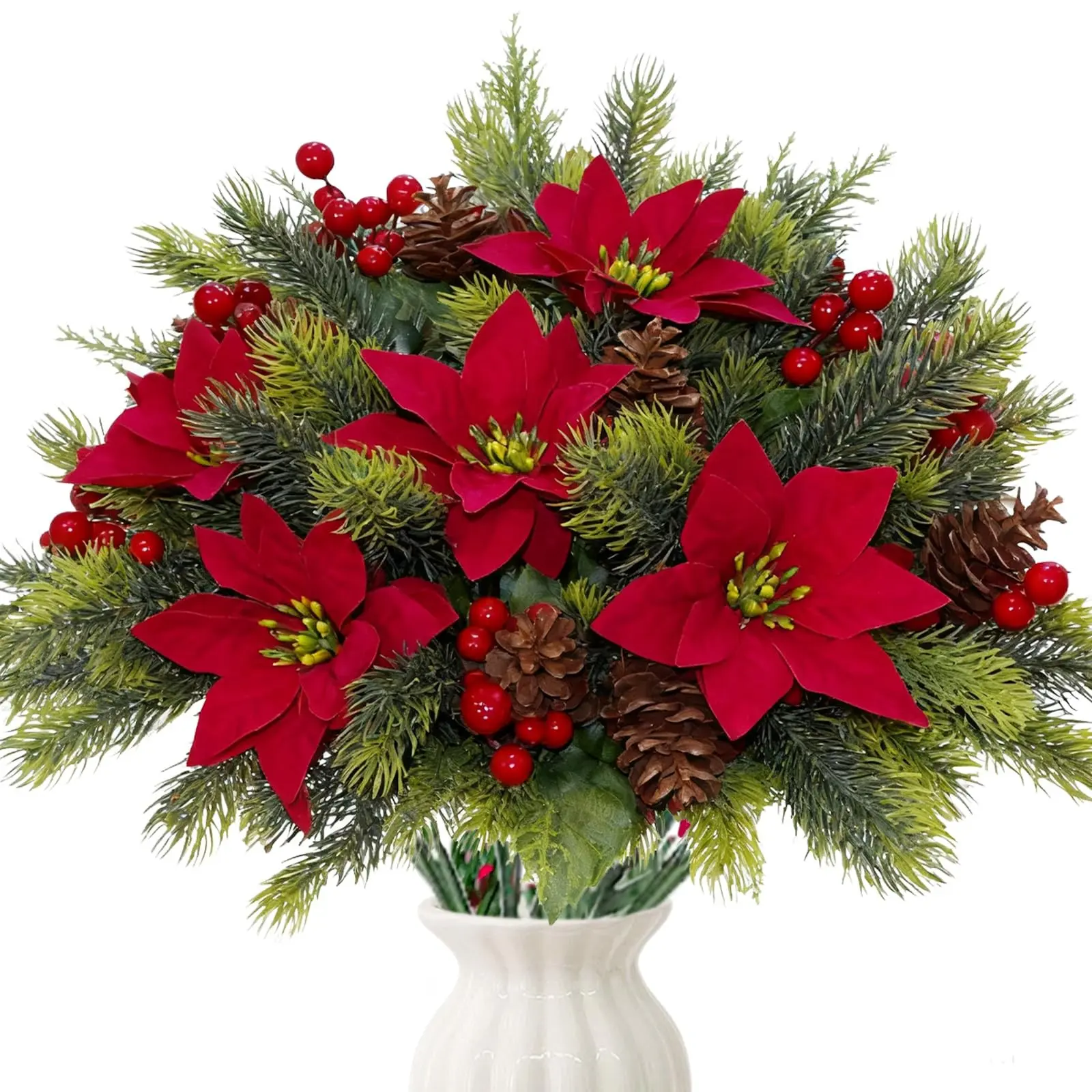 10pcs Artificial Flowers Bouquet, Decorative Flowers, Christmas Floral Poinsettia, Pine Cones, Berry Picks, Holly Holiday Decor, Xmas Tree, Party, DIY, Indoor, Table Centerpieces, Diy Floral Decoration