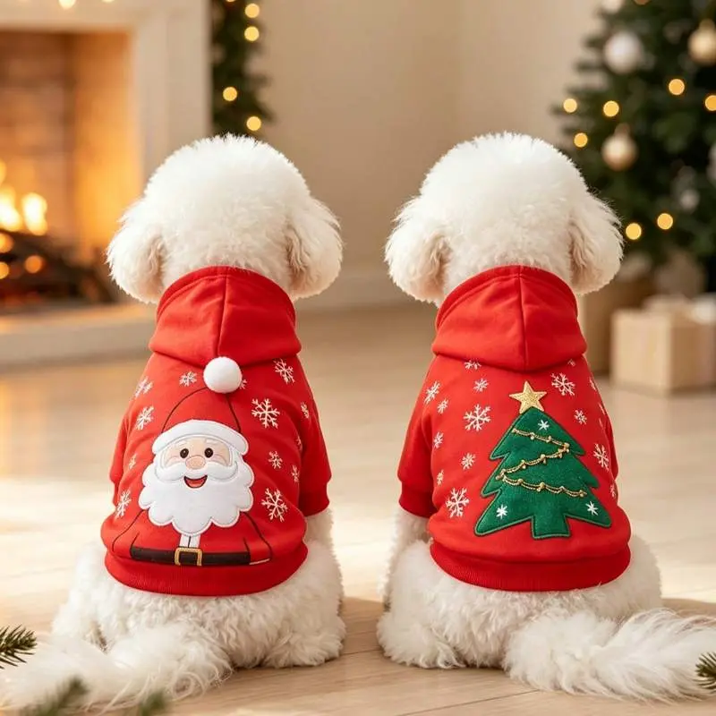 Christmas Dog Hoodie Pet Clothes, Cute Santa Claus and Christmas Tree Applique Puppy Hooded Sweatshirt with Snowflakes Print and Warm Fleece Cat Apparel Outfit, Winter Xmas Holiday New Year Party Costume For Small Medium Large Dogs