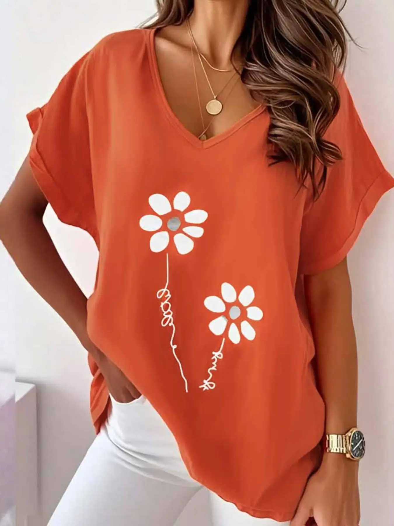Casual Textured Ruched Loose Fit V-Neck Short Sleeve T-Shirt, Hand-Painted Daisy Print, Rolled Sleeves, Slimming Vacation Wear