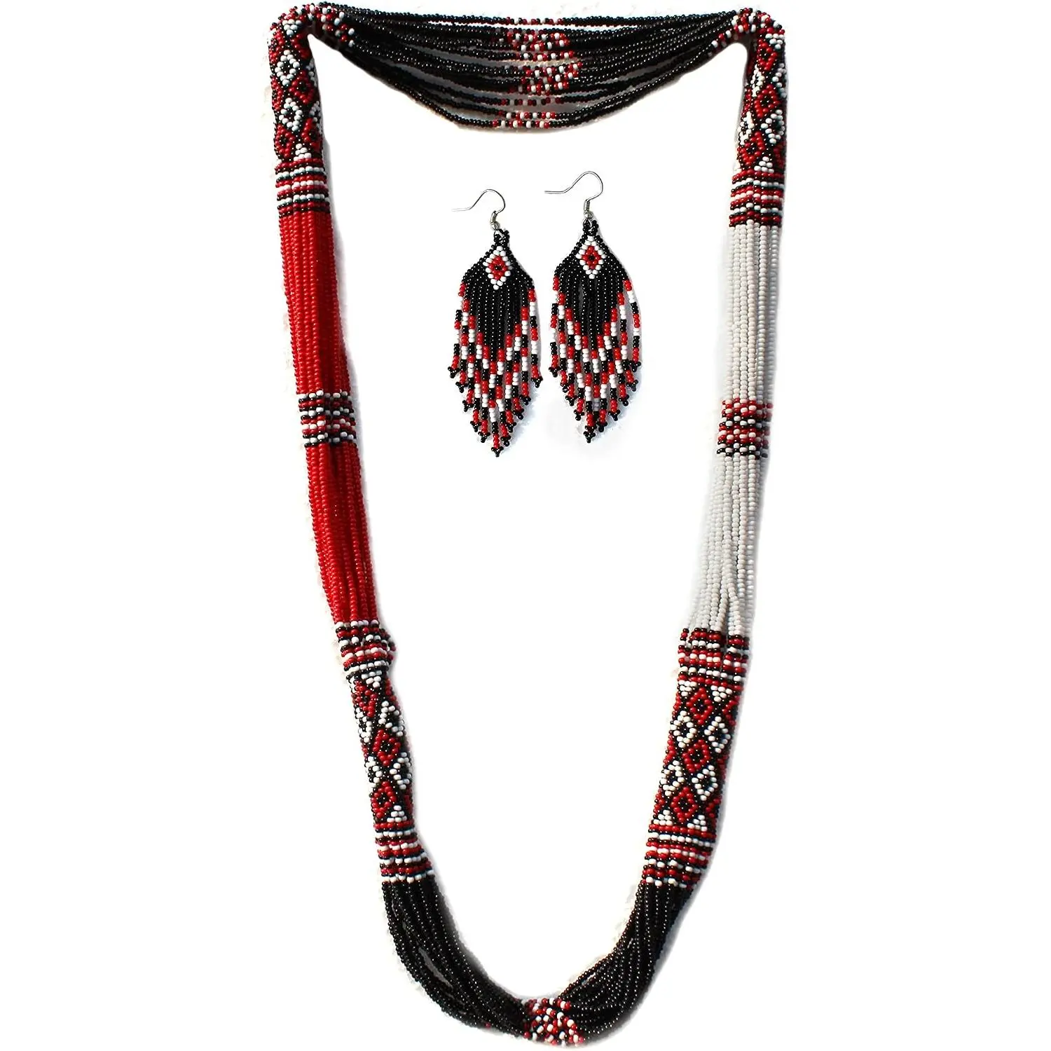 Style Tribal ethnic Seed Bead Beaded Layered Medallion Necklace La-2 (Red, Black)